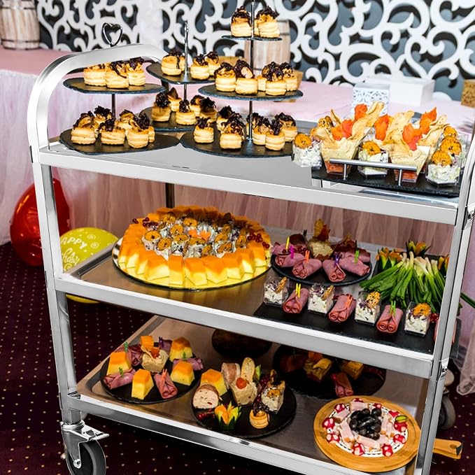 3 Tier Stainless Steel Serving Catering Trolley Wheels Utility Cart Kitchen Cart Serving Trolley with Locking Wheels for Kitchen Hotels - 750x400x835MM