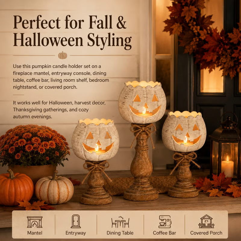 🕯 Set of 3 Rustic White Pumpkin Tealight Candle Holders | Layered Farmhouse Fall Decor For Halloween & Thanksgiving-festiveusa