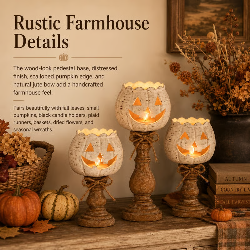 🕯 Set of 3 Rustic White Pumpkin Tealight Candle Holders | Layered Farmhouse Fall Decor For Halloween & Thanksgiving-festiveusa
