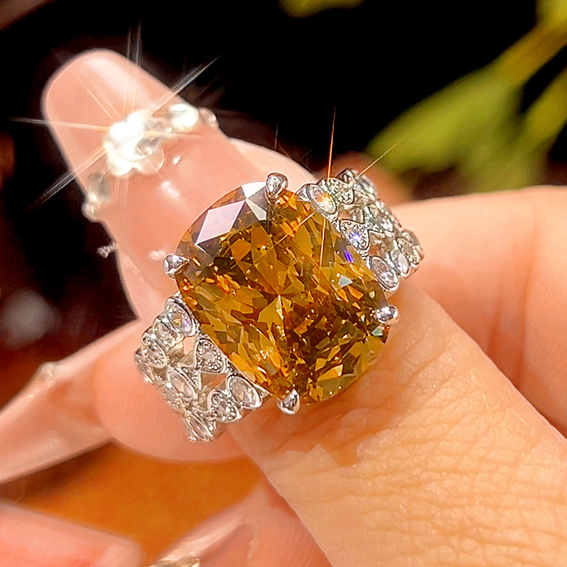 Luxury Carved Wide Band Cocktail Ring, Cushion Cut Color Gemstone Statement Ring