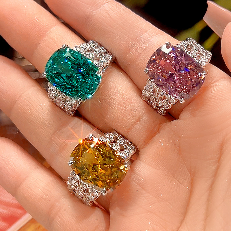 Luxury Carved Wide Band Cocktail Ring, Cushion Cut Color Gemstone Statement Ring