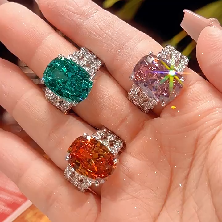 Luxury Carved Wide Band Cocktail Ring, Cushion Cut Color Gemstone Statement Ring