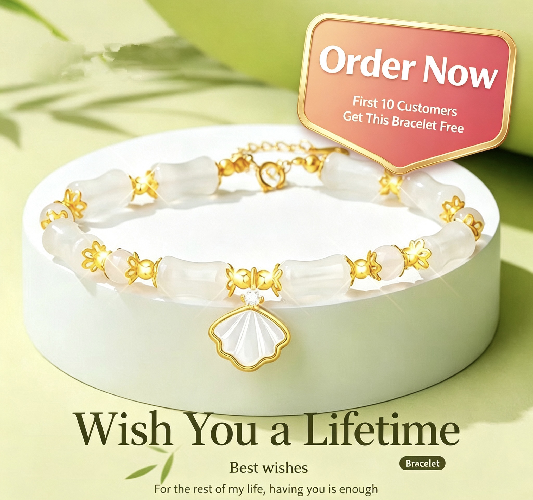Bamboo Beaded Bracelet with Shell Charm, Elegant Jade Look Bracelet for Women
