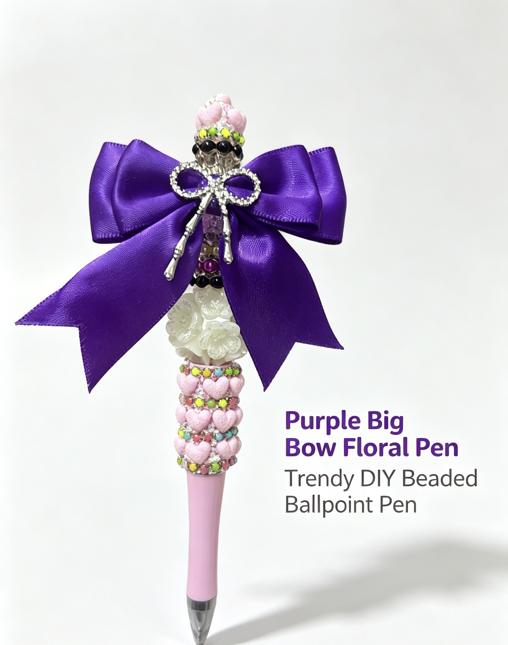 Trendy DIY Beaded Ballpoint Pen, Purple Big Bow Floral Pen, Handmade Decorative Stationery Gift