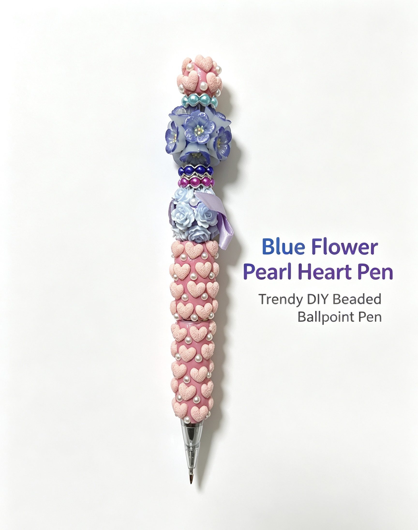 Trendy DIY Beaded Ballpoint Pen, Blue Flower Pearl Heart Pen, Handmade Floral Decorative Stationery Gift
