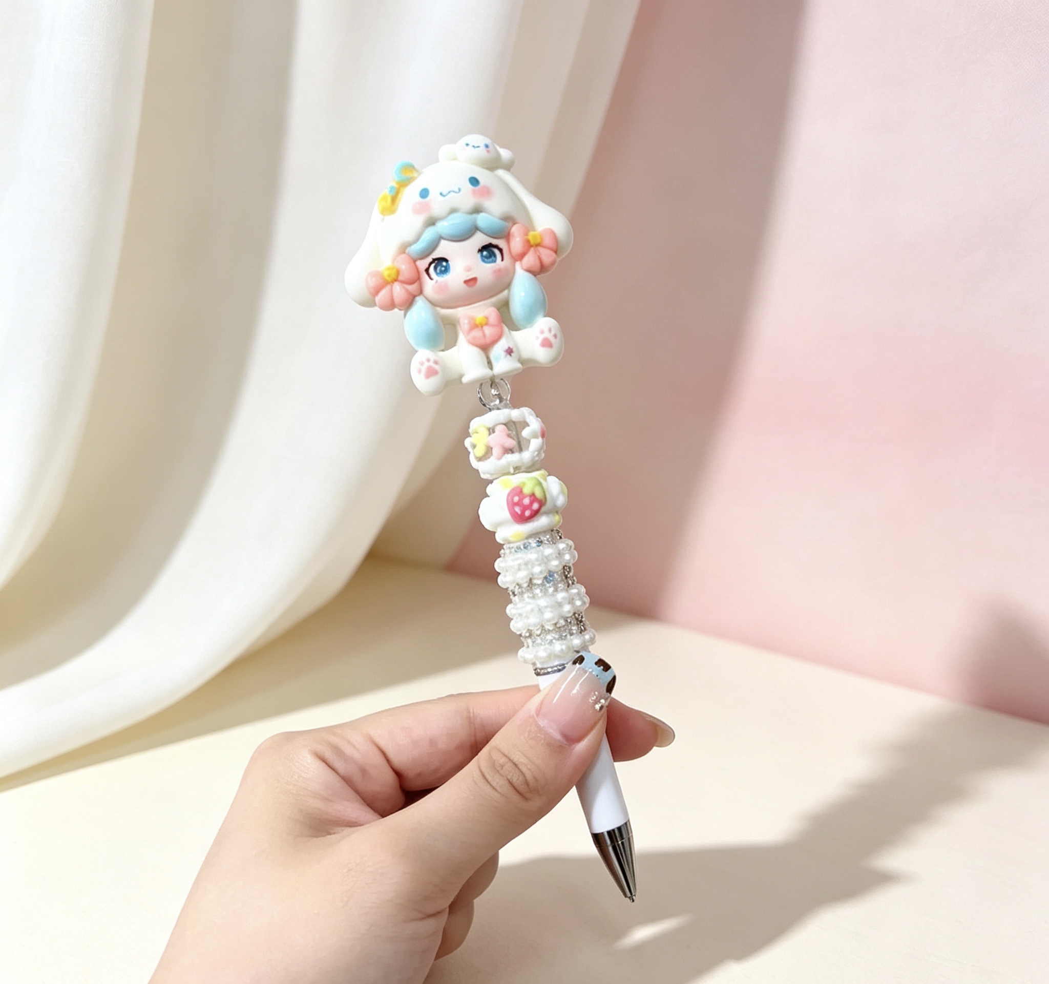 Cinnamoroll Hood Girl Doll Beaded Ballpoint Pen, Handmade DIY Bead Pen Cute Stationery Gift
