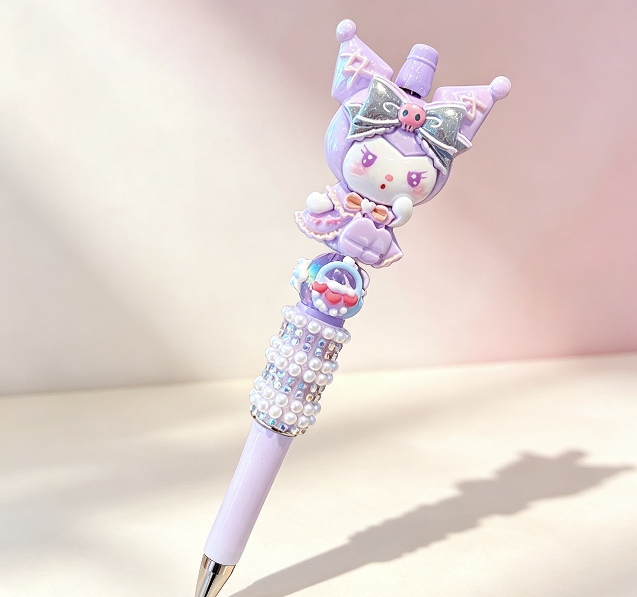 Lavender Kuromi Doll Beaded Ballpoint Pen, Handmade DIY Bead Pen Cute Stationery Gift

