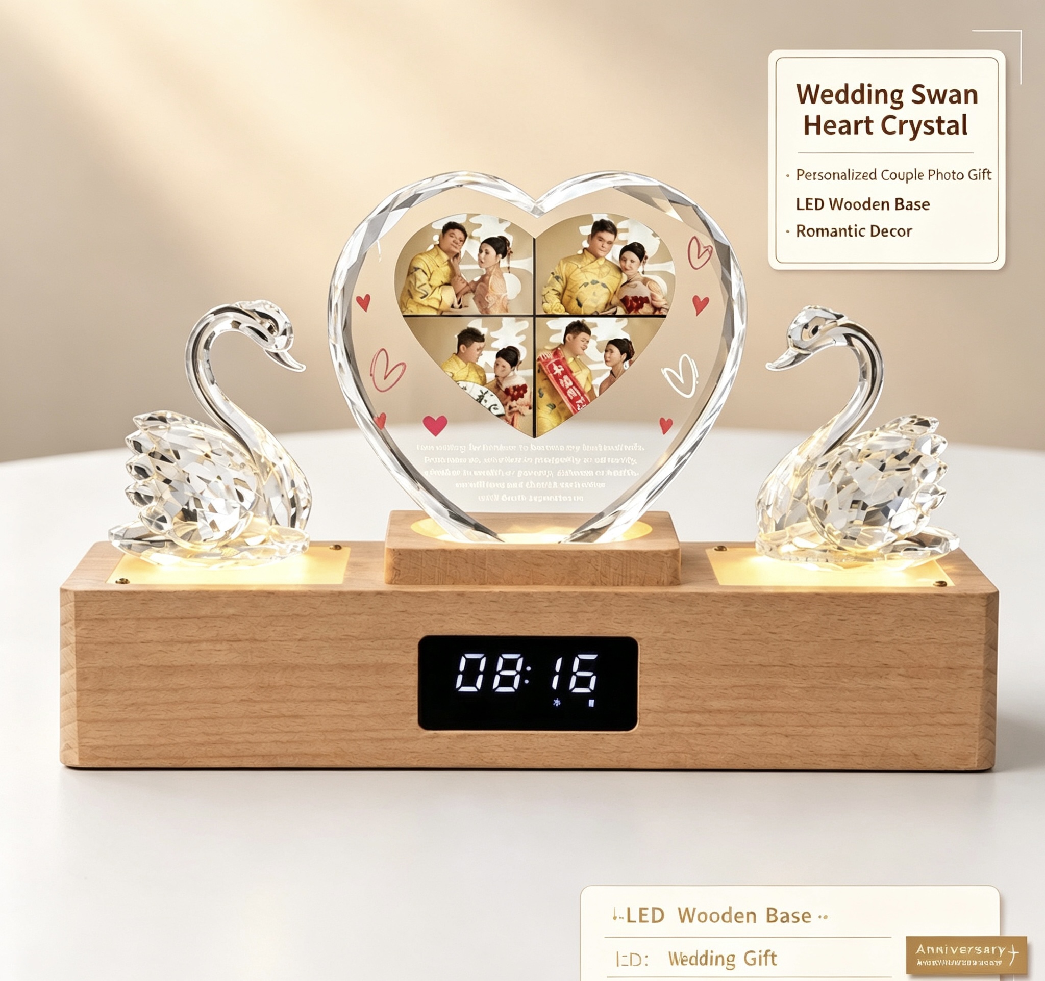 Custom Wedding Swan Heart Crystal Clock Lamp | Personalized Couple Photo LED Wooden Base Gift
