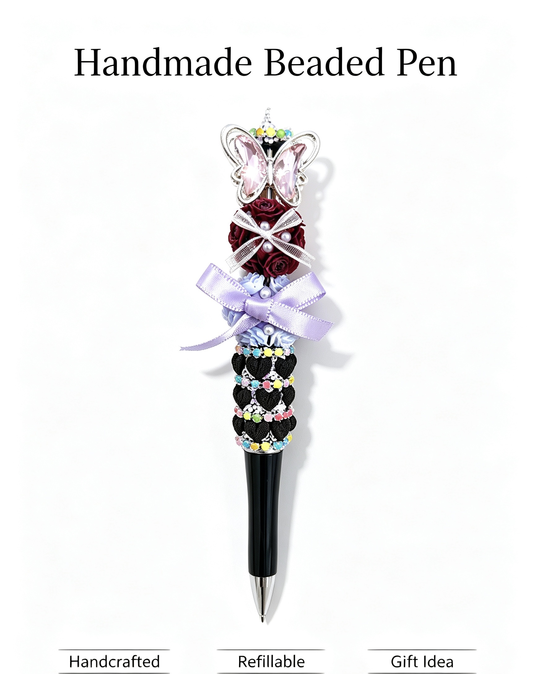 Handmade Beaded Pen, Pink Crystal Butterfly, Red Rose & Purple Satin Bow Decor Ballpoint Pen, Refillable