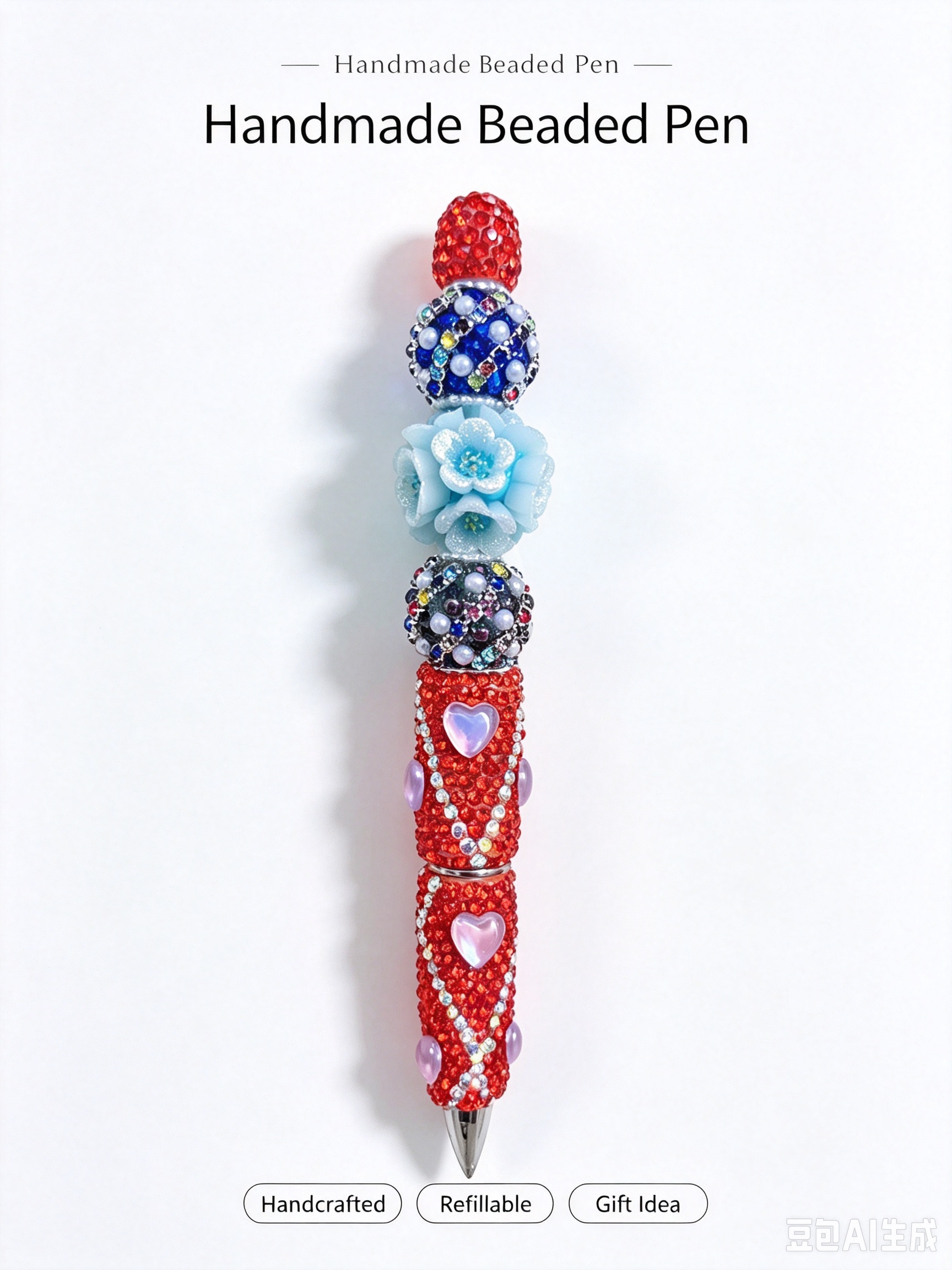 Handmade Beaded Pen, Full Red Rhinestone Body, Light‑Blue Flower & Multicolour Bling Beads Decor Ballpoint Pen, Refillable