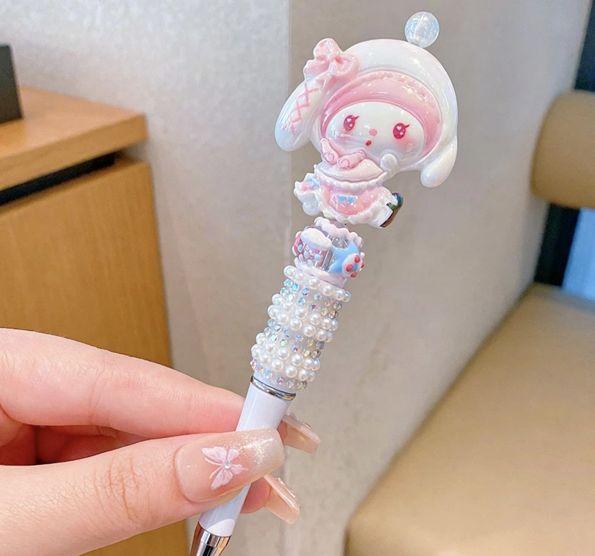 Hood My Melody Doll Beaded Ballpoint Pen, Handmade DIY Bead Pen Cute Stationery Gift
