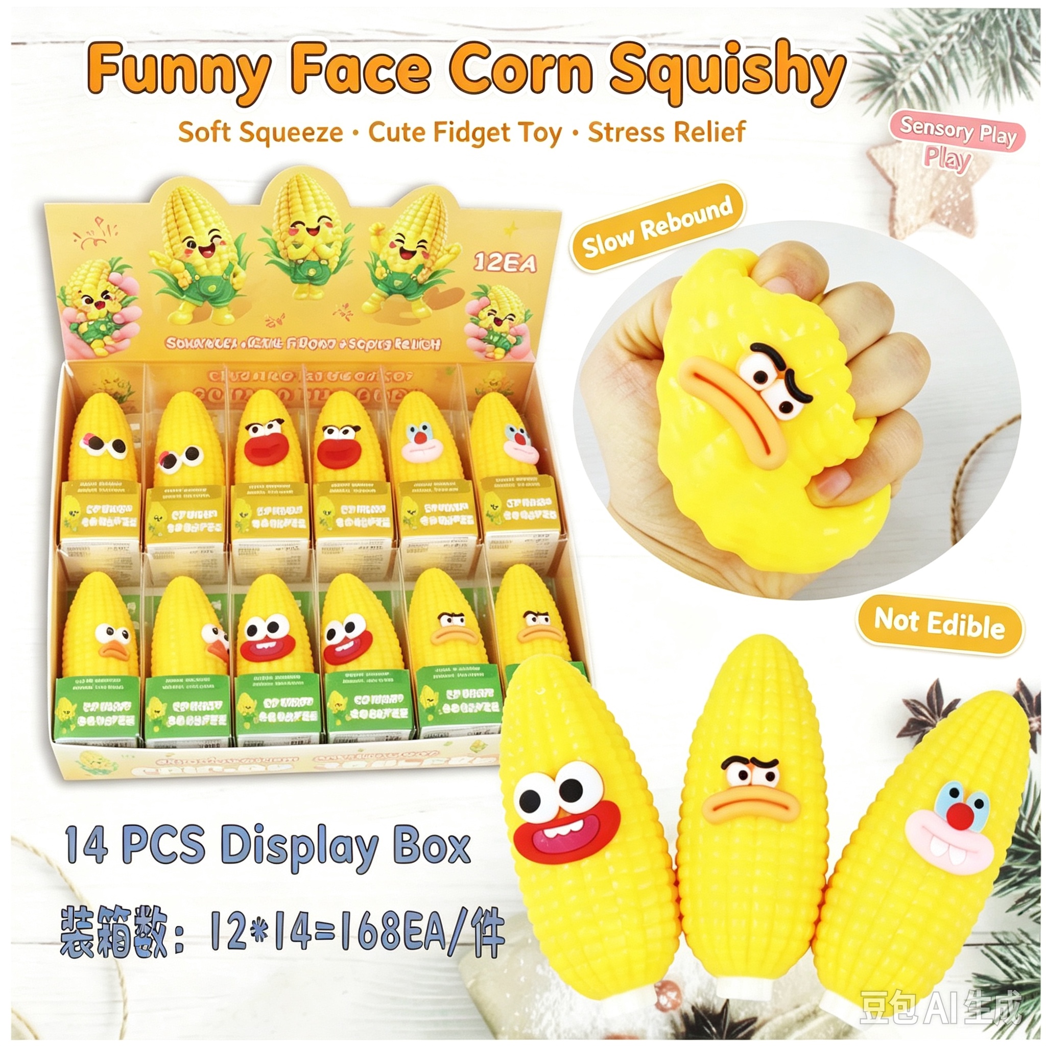 Funny Face Corn Squishy Fidget Toy, Slow Rebound Soft Squeeze Stress Relief Toy, Cute Cartoon Corn Sensory Toy, Not Edible