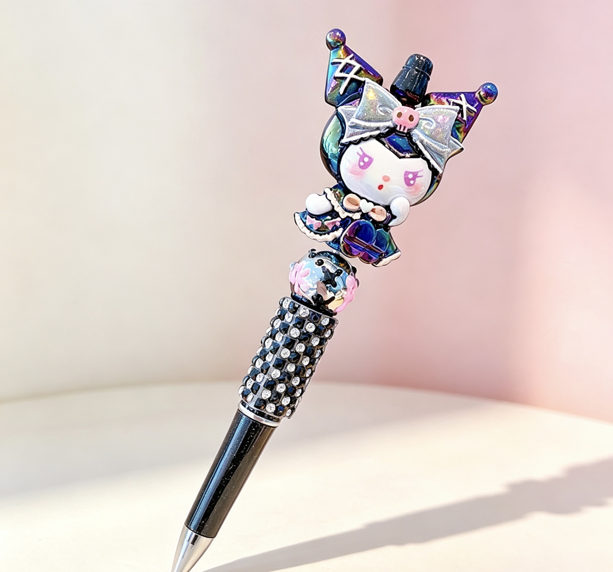 Iridescent Kuromi Doll Beaded Ballpoint Pen, Handmade DIY Bead Pen Cute Stationery Gift

