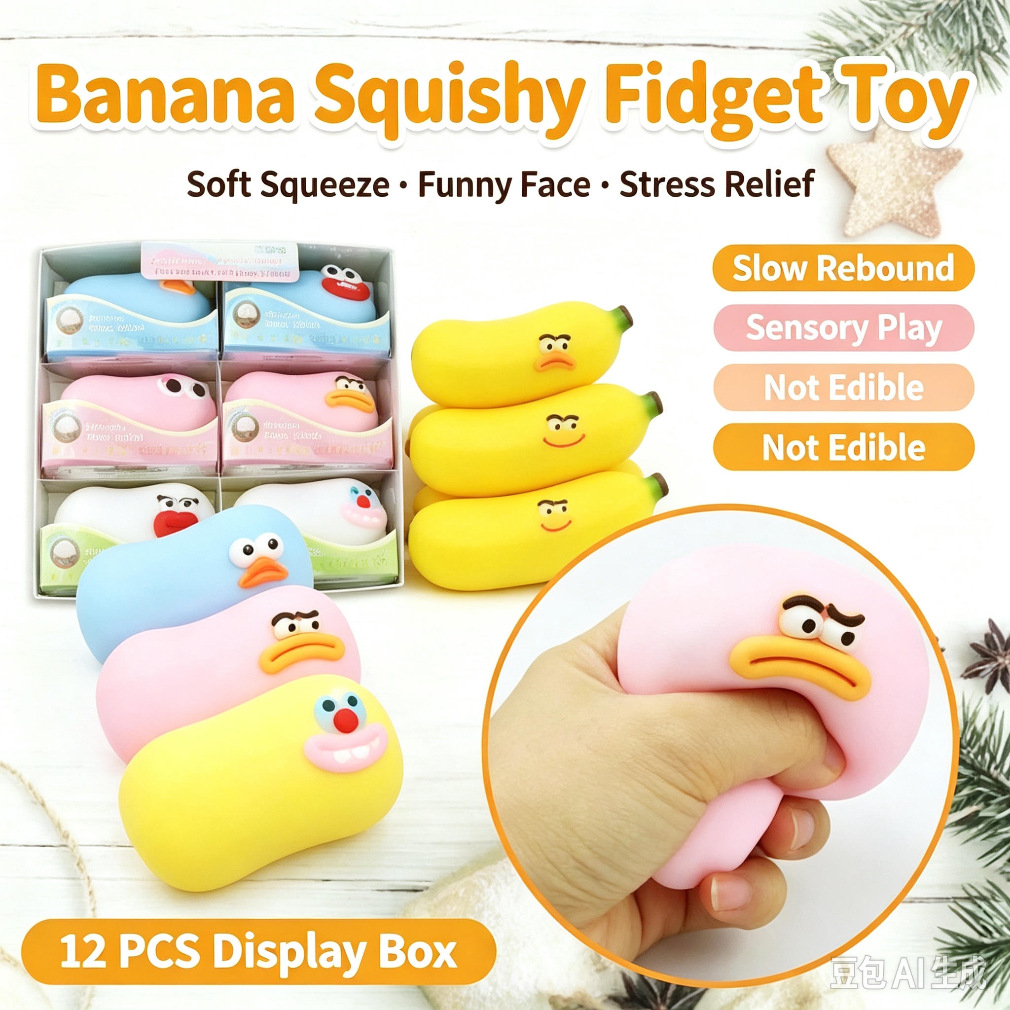 Cartoon Banana Squishy, Soft Squeeze Funny Face Fidget Stress Toy