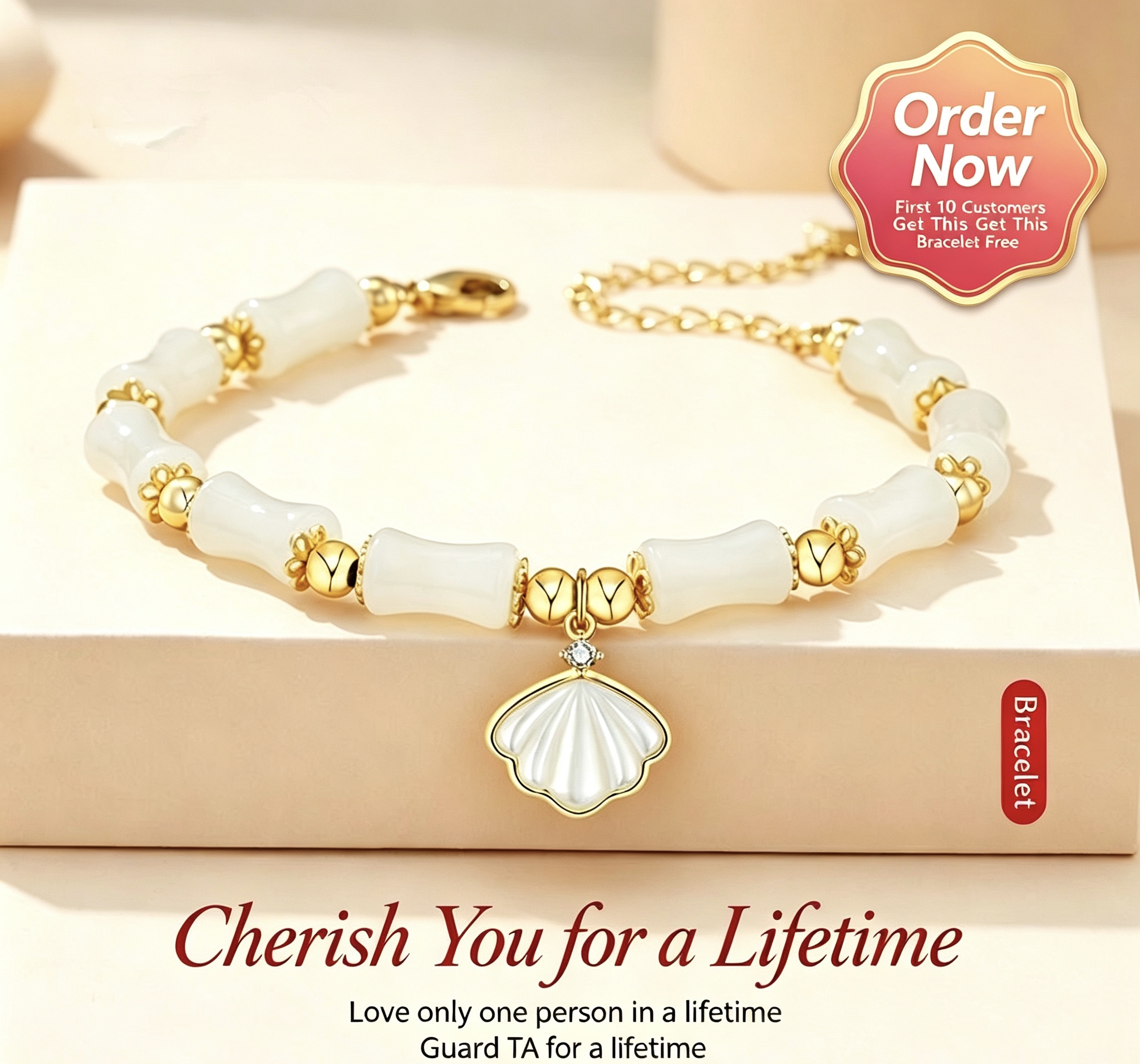 Bamboo Beaded Bracelet with Shell Charm, Elegant Jade Look Bracelet for Women
