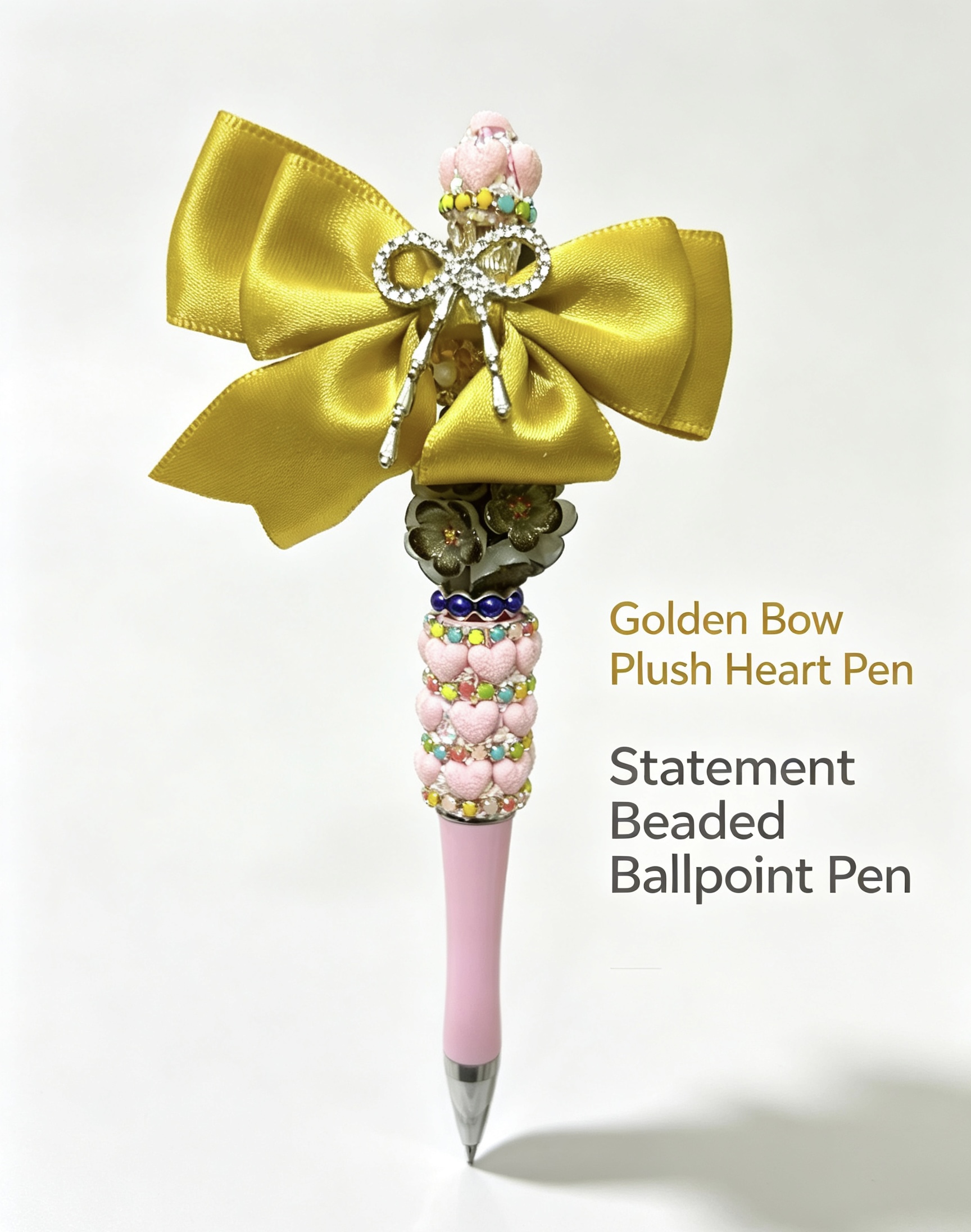 Trendy DIY Beaded Ballpoint Pen, Golden Bow Plush Heart Pen, Handmade Decorative Statement Writing Gift