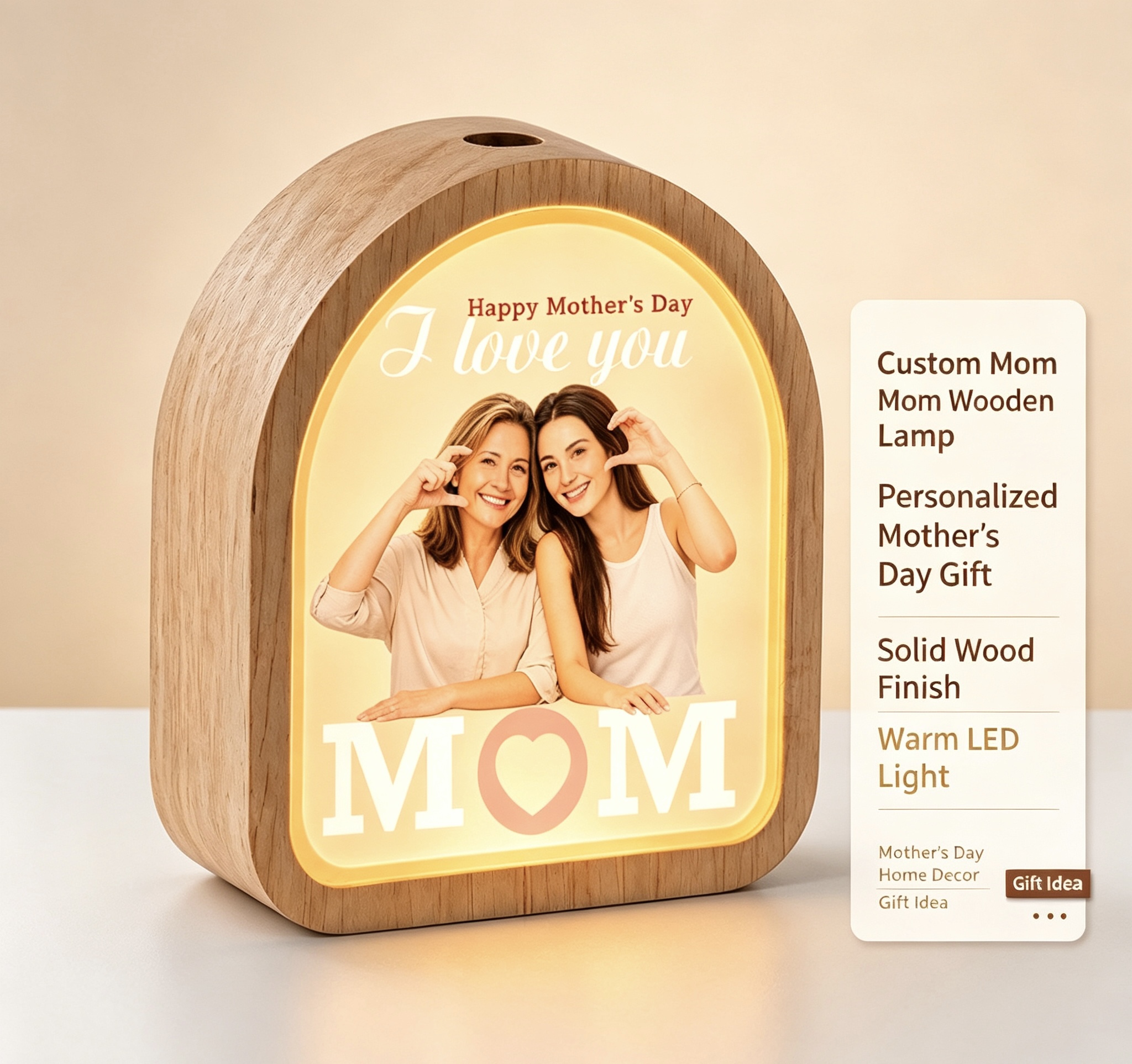 Personalized Photo Mom Wooden LED Lamp | Custom Picture Night Light Mother's Day Gift
