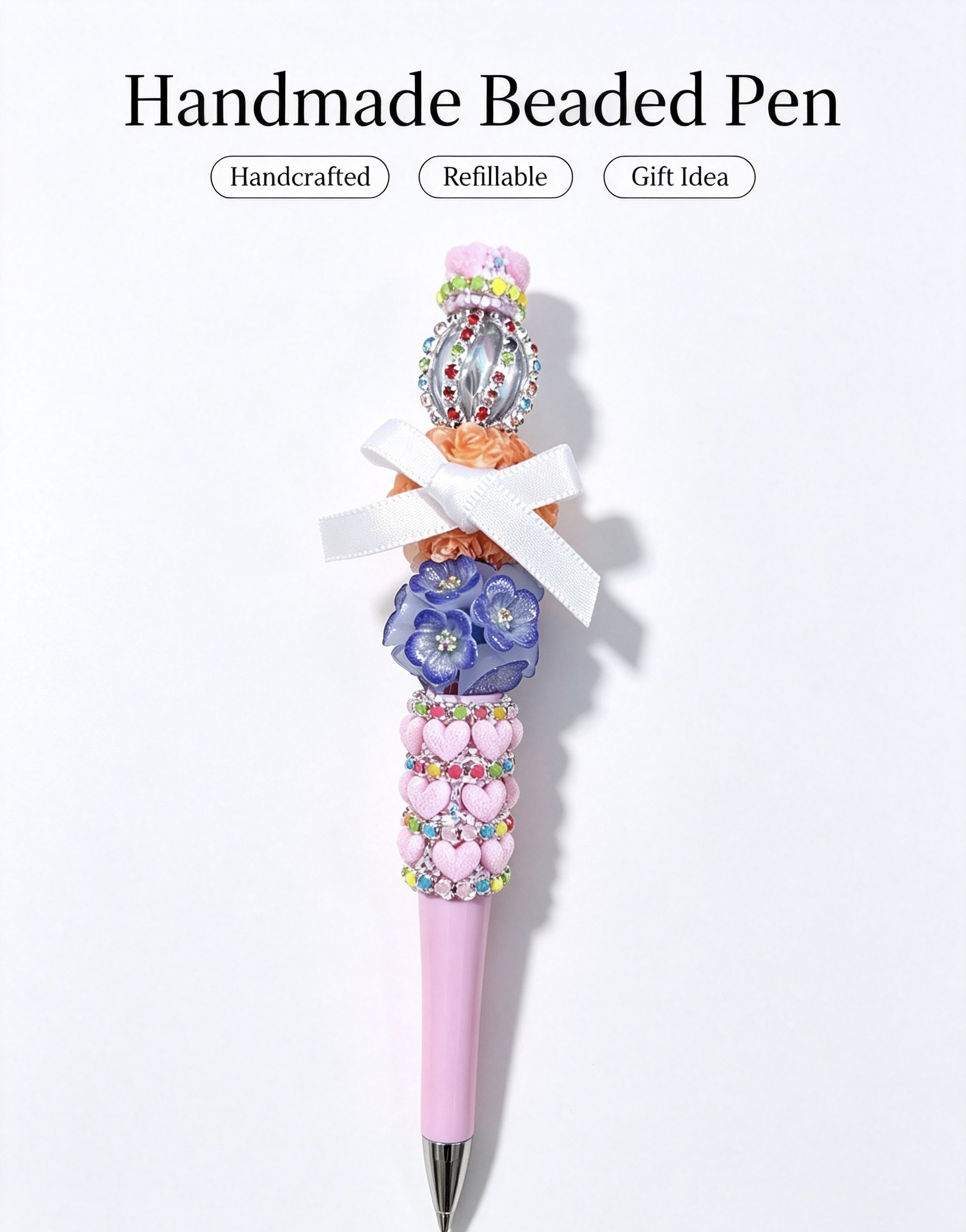 Handmade Beaded Pen, Princess Crown Topper, Orange & Blue Floral, Pink Heart Beads Decor Ballpoint Pen, Refillable