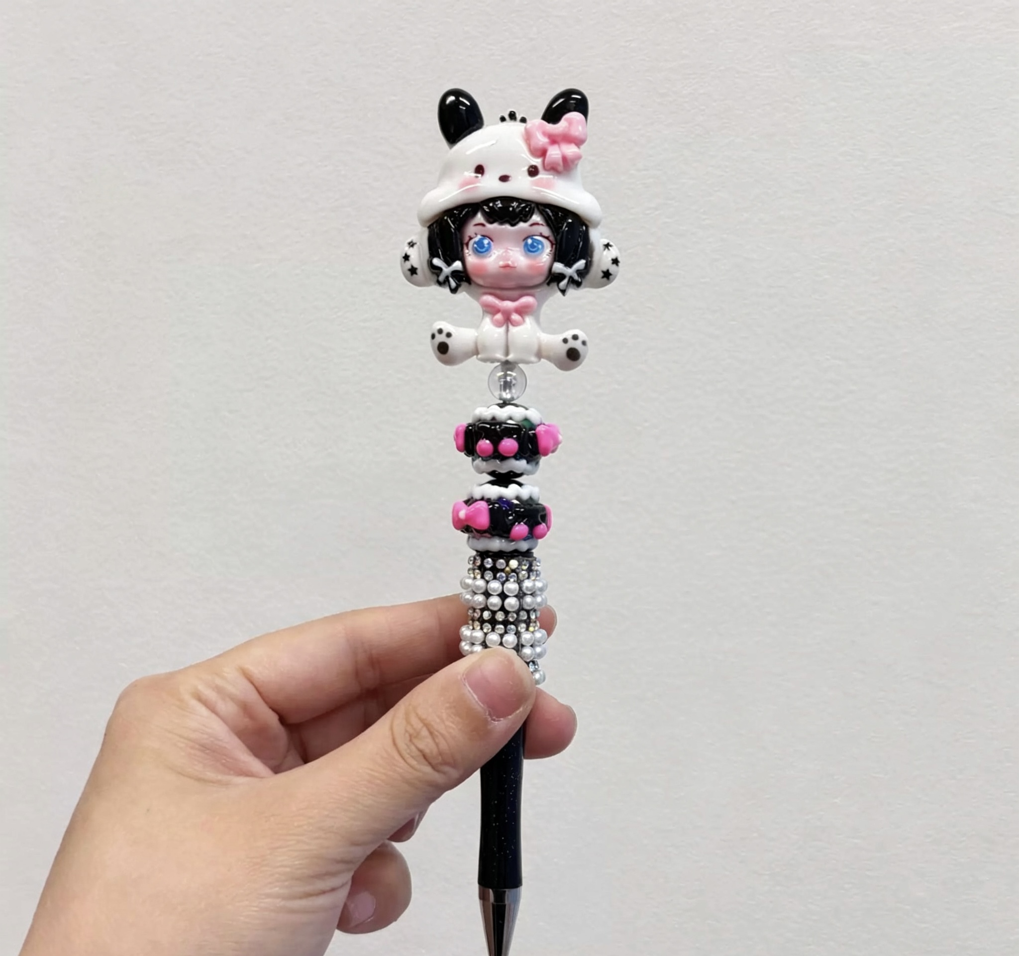 Paw Hat Girl Doll Beaded Ballpoint Pen, Handmade DIY Bead Pen Cute Stationery Gift
