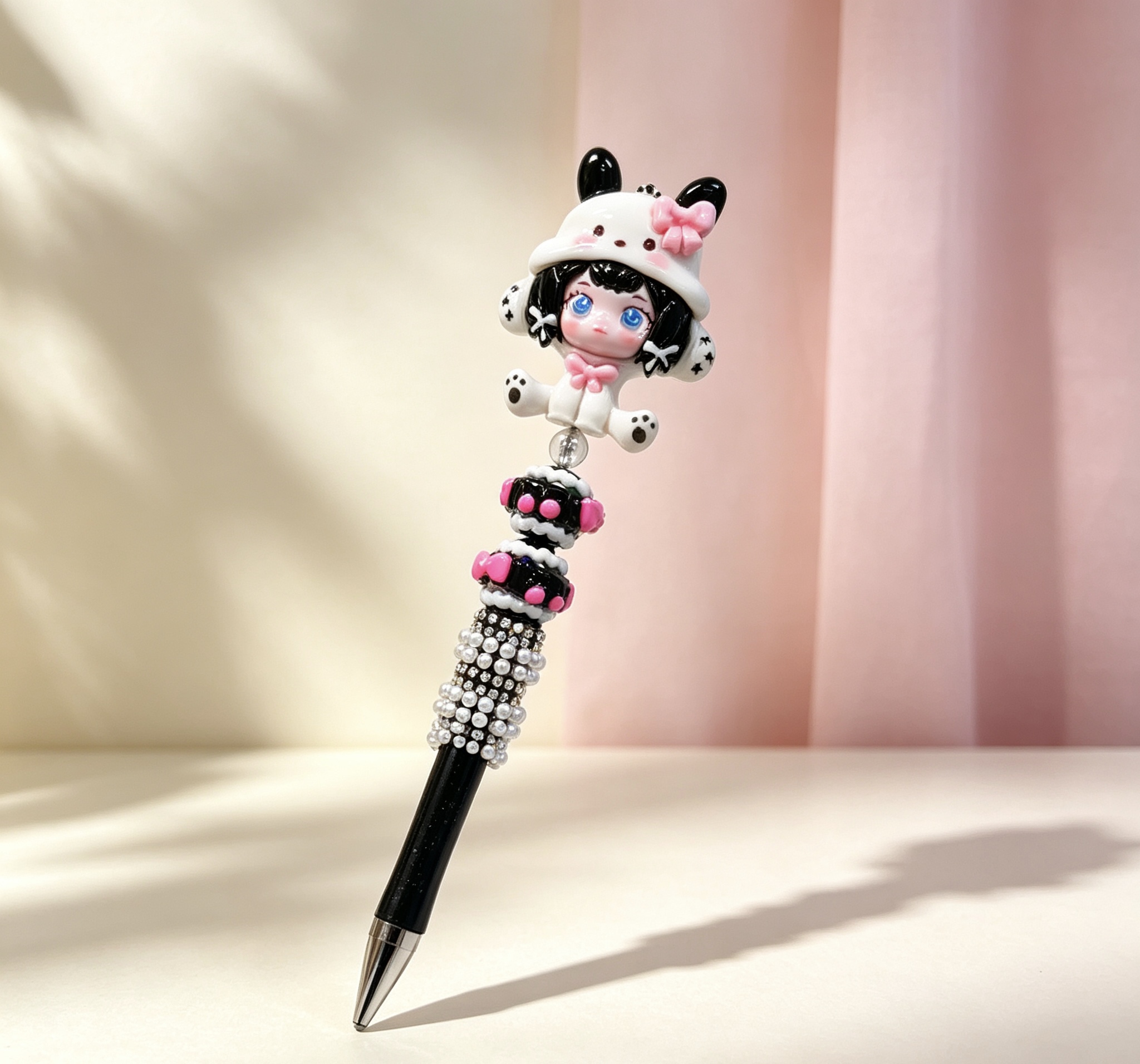 Paw Hat Girl Doll Beaded Ballpoint Pen, Handmade DIY Bead Pen Cute Stationery Gift
