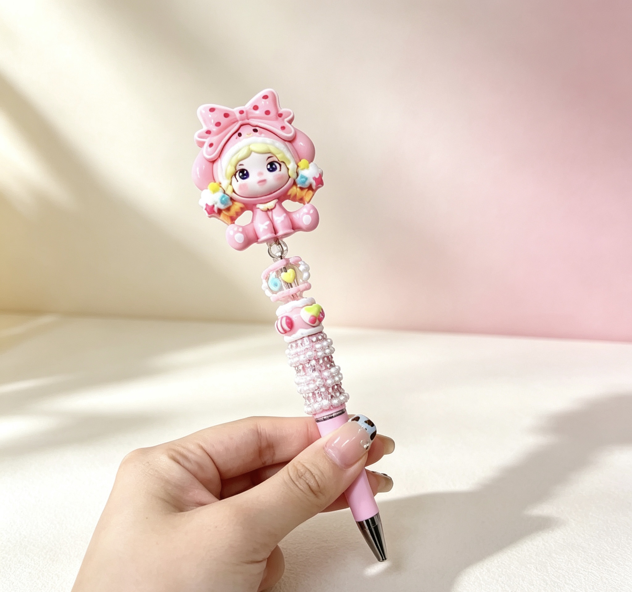 Pink Bow Bunny Girl Doll Beaded Ballpoint Pen, Handmade DIY Bead Pen Cute Stationery Gift
