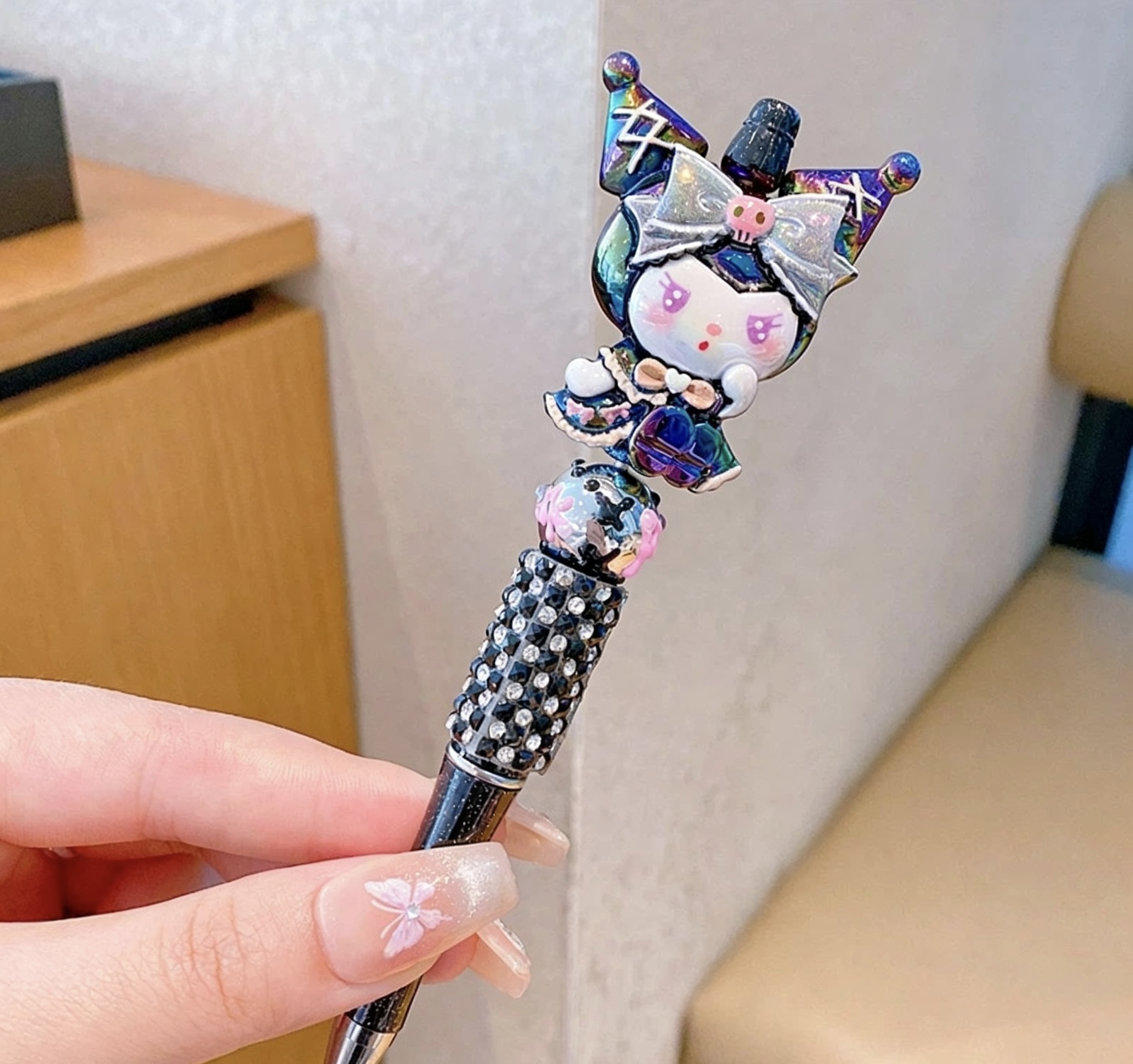 Iridescent Kuromi Doll Beaded Ballpoint Pen, Handmade DIY Bead Pen Cute Stationery Gift
