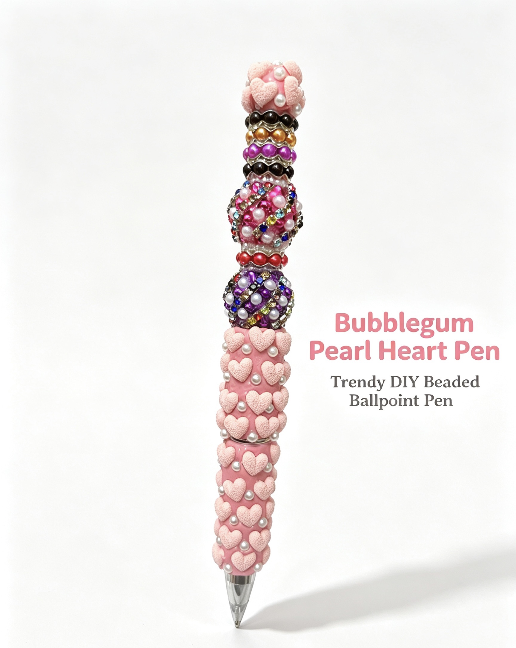 Trendy DIY Beaded Ballpoint Pen, Bubblegum Pearl Heart Pen, Handmade Cute Decorative Stationery Gift