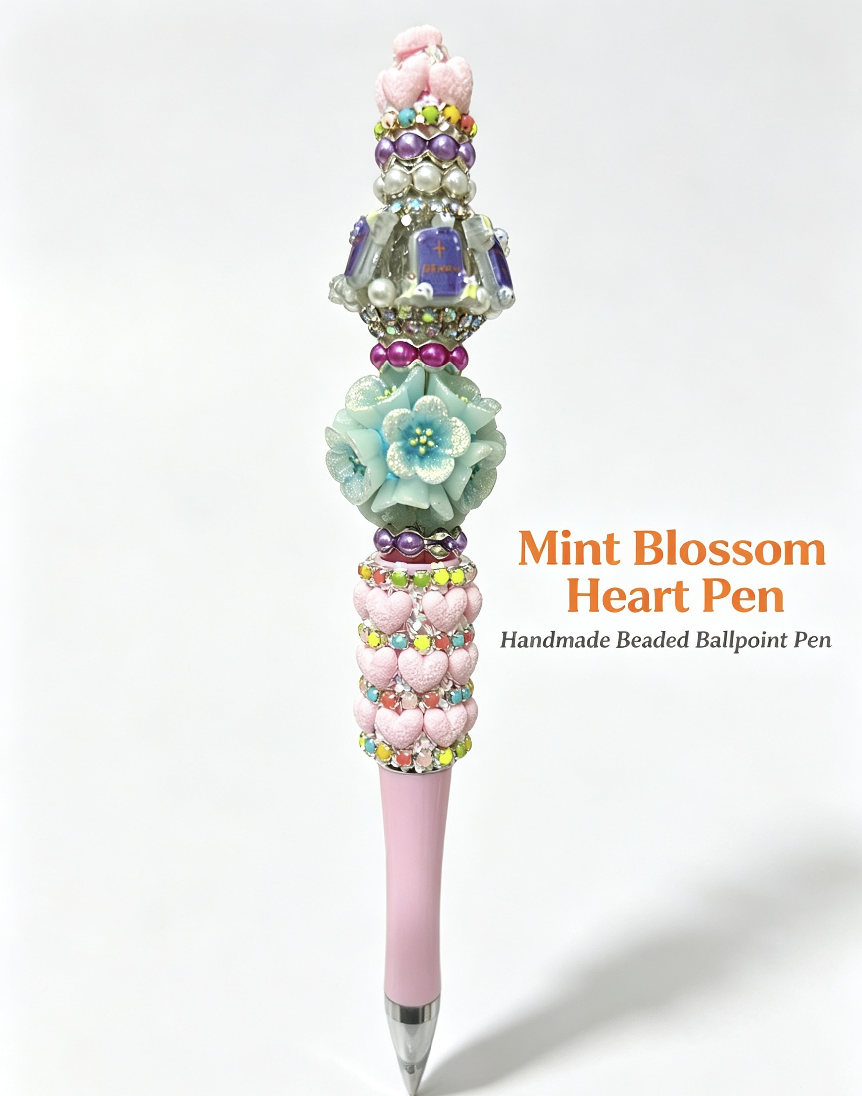 Trendy DIY Beaded Ballpoint Pen, Mint Blossom Heart Pen, Handmade Floral Decorative Stationery Gift