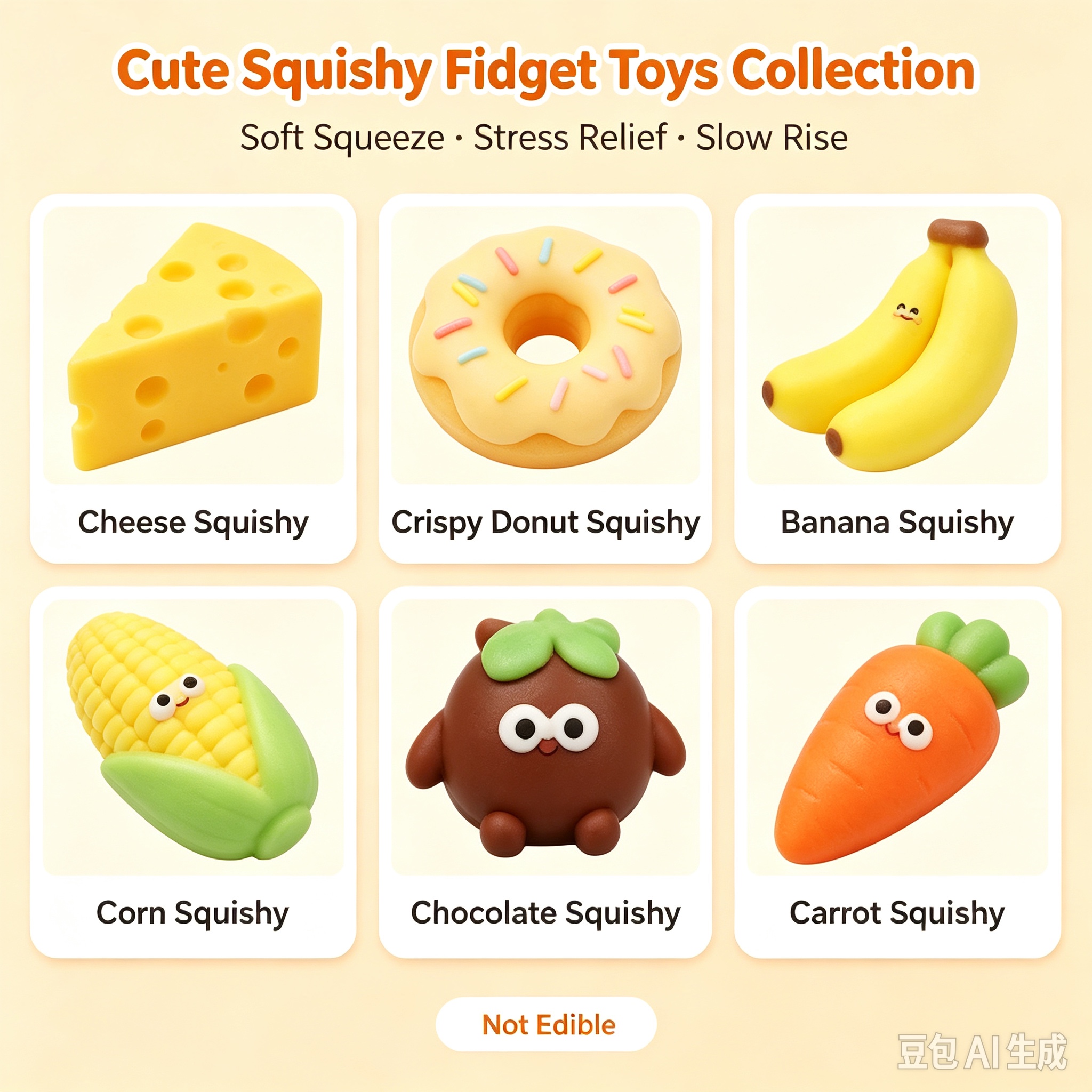 6 Styles Squishy Collection Cute Food Squishy Fidget Toy Collection, Stress Relief Squeeze Toy 6