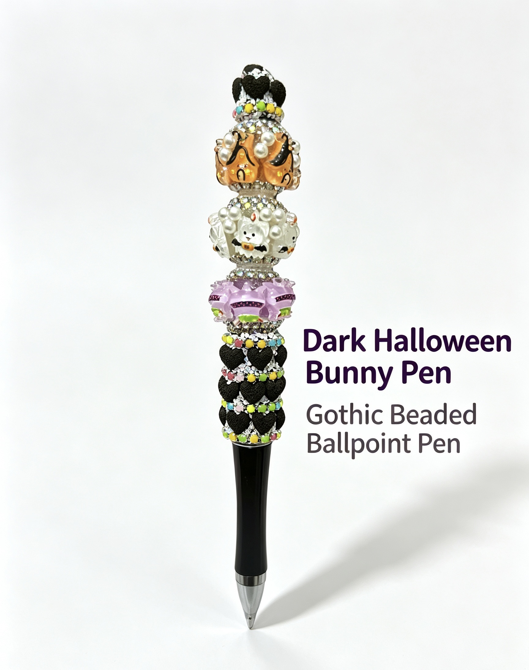 Trendy DIY Beaded Ballpoint Pen, Dark Halloween Bunny Pen, Gothic Handmade Decorative Writing Gift