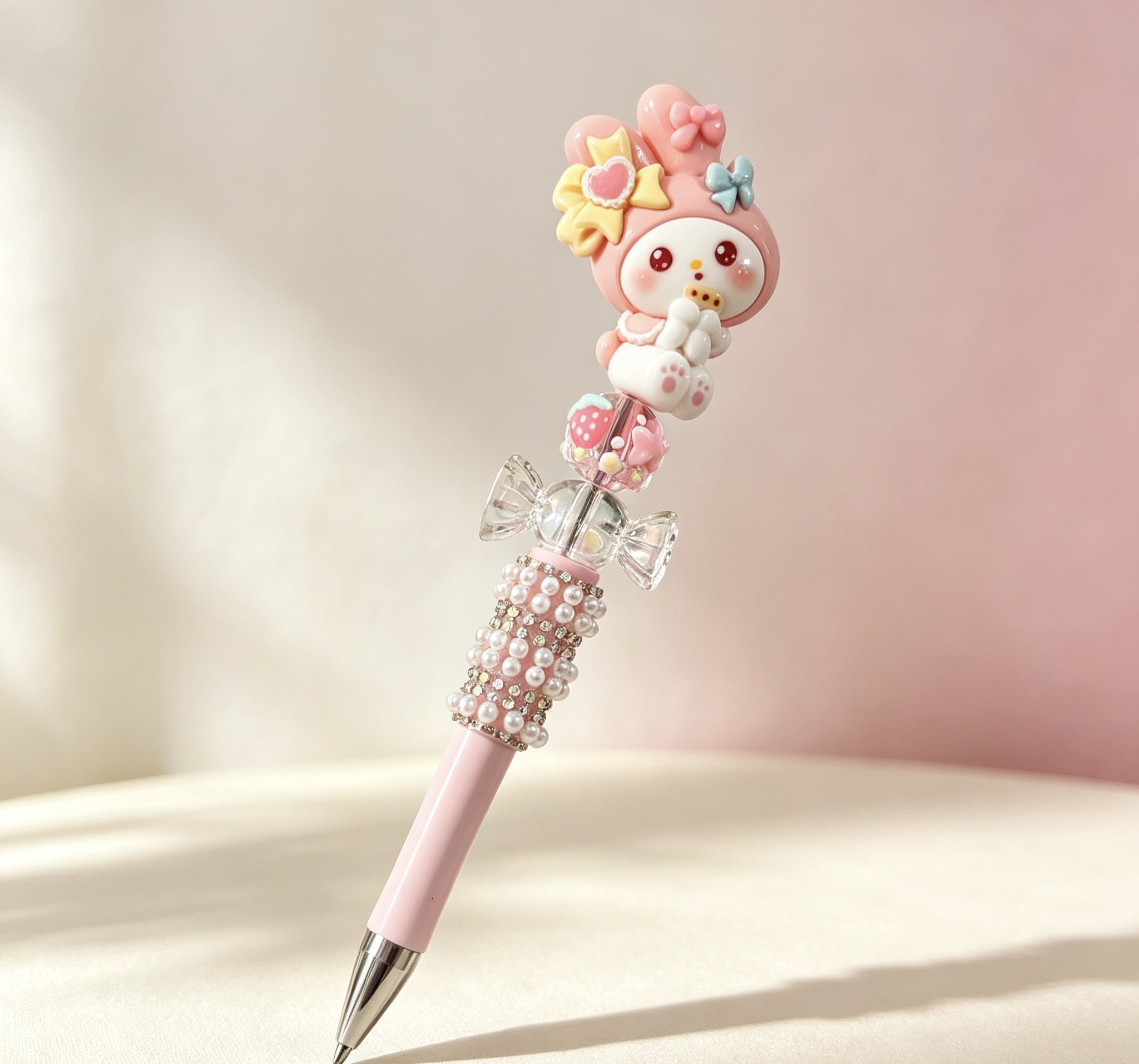 My Melody Doll Beaded Ballpoint Pen, Handmade Pink DIY Bead Pen Cute Stationery Gift