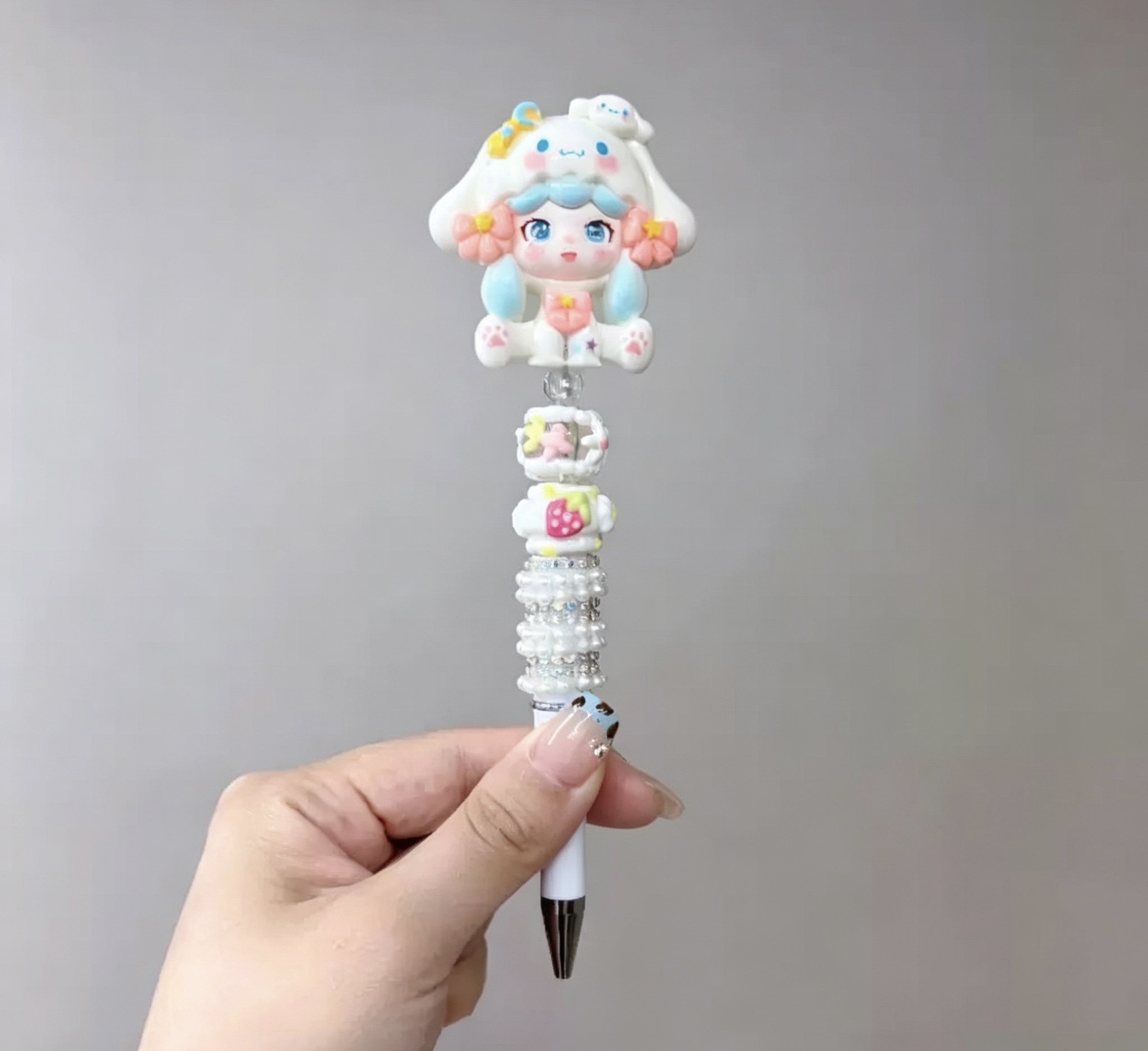 Cinnamoroll Hood Girl Doll Beaded Ballpoint Pen, Handmade DIY Bead Pen Cute Stationery Gift
