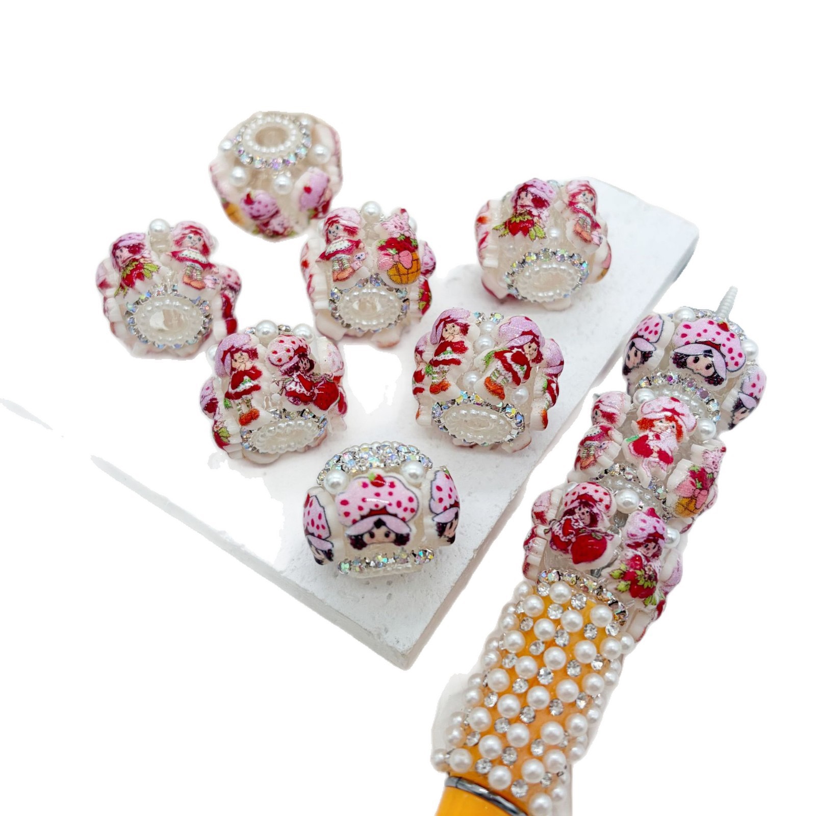 Strawberry Girl Printed Spacer Beads, Pearl Rhinestone Craft Beads for DIY Pen Making & Jewelry Accessories