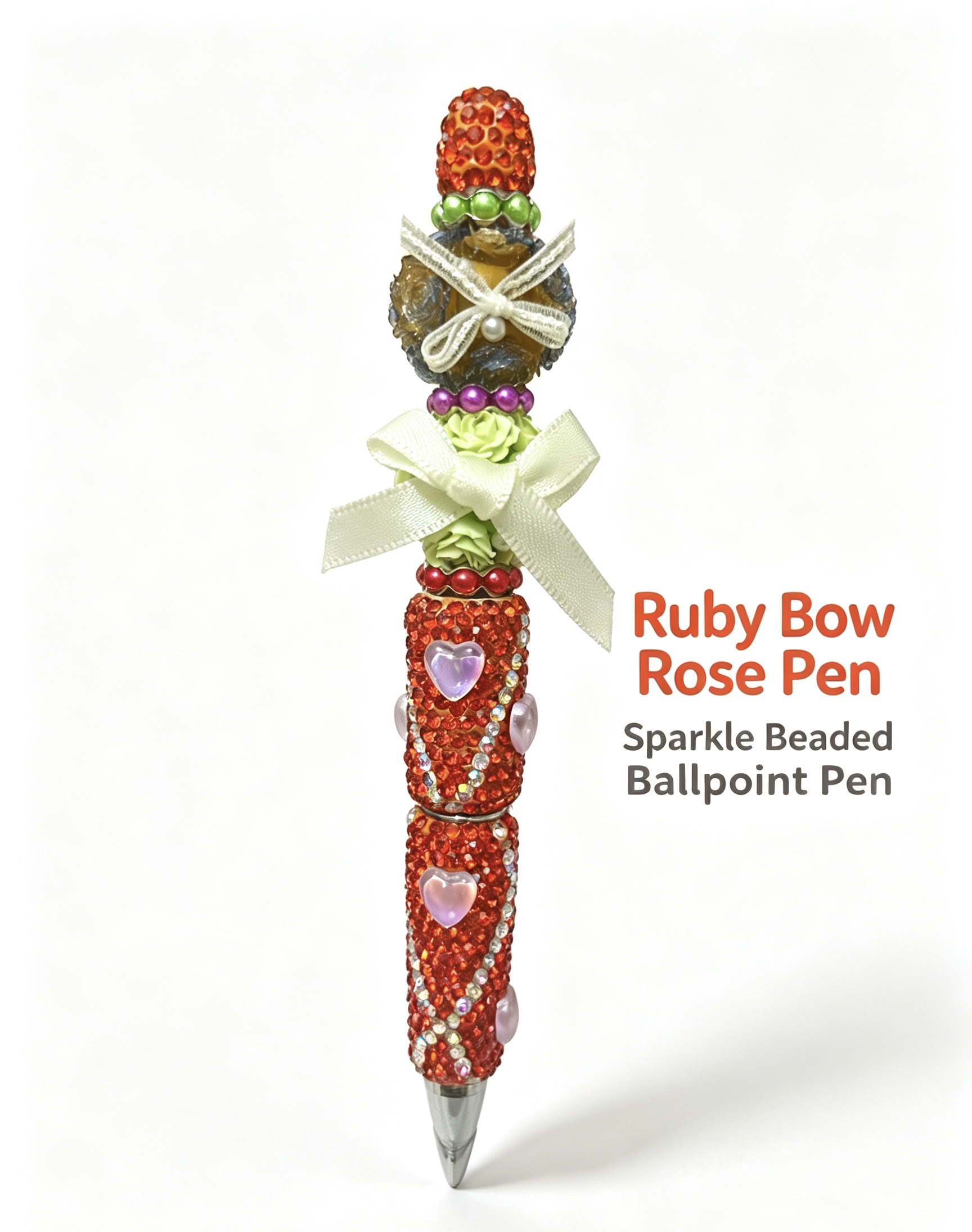 Trendy DIY Beaded Ballpoint Pen, Ruby Bow Rose Pen, Sparkly Handmade Decorative Stationery Gift