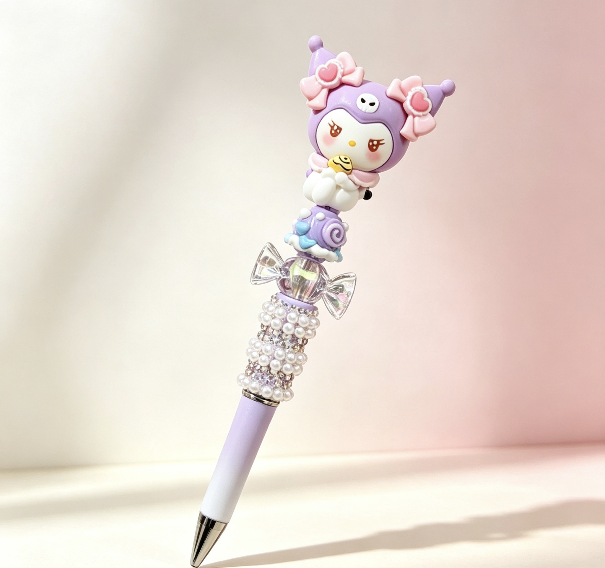 Purple Kuromi Doll Beaded Ballpoint Pen, Handmade DIY Bead Pen Cute Stationery Gift

