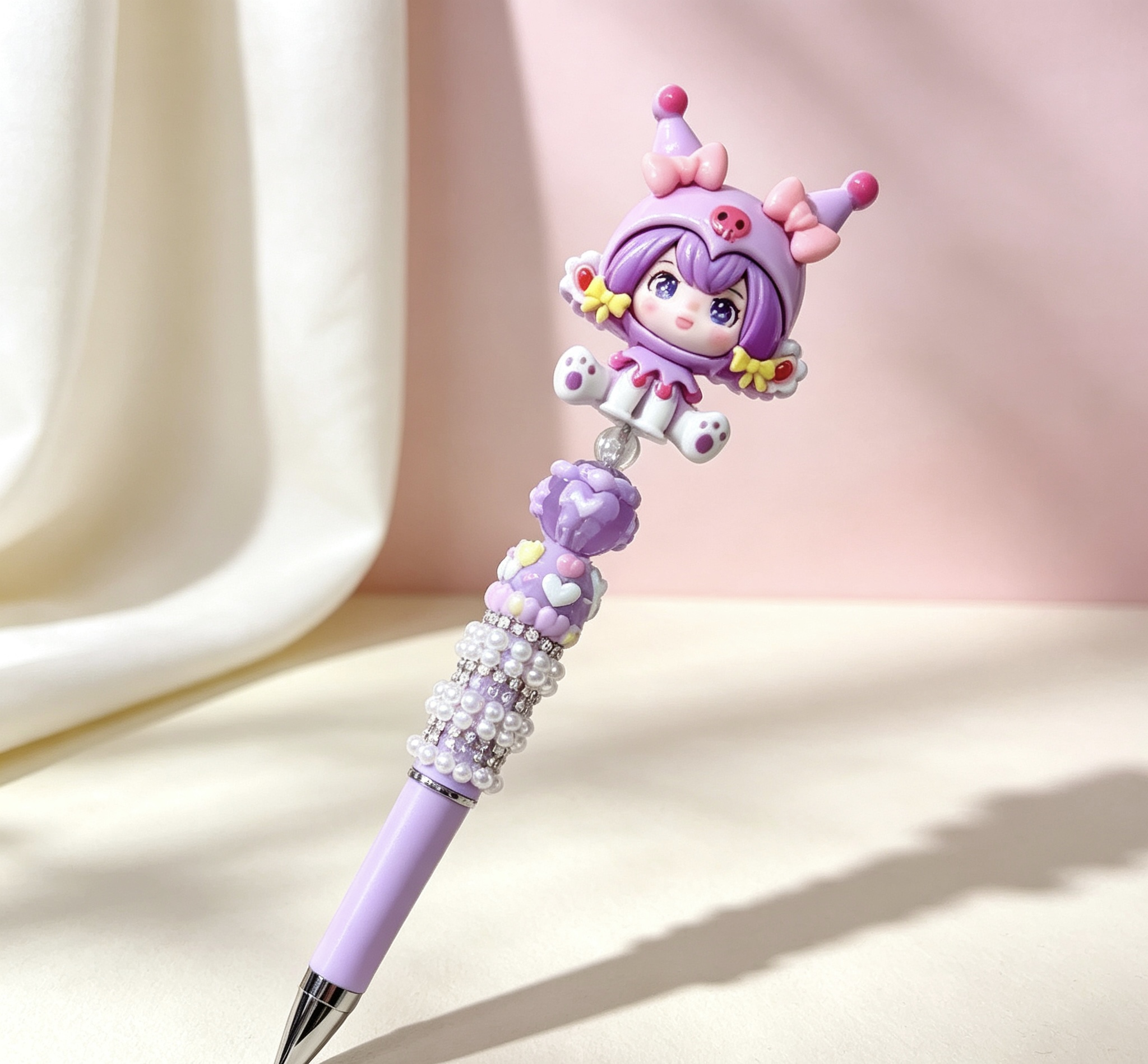 Purple Kuromi Girl Doll Beaded Ballpoint Pen, Handmade DIY Bead Pen Cute Stationery Gift
