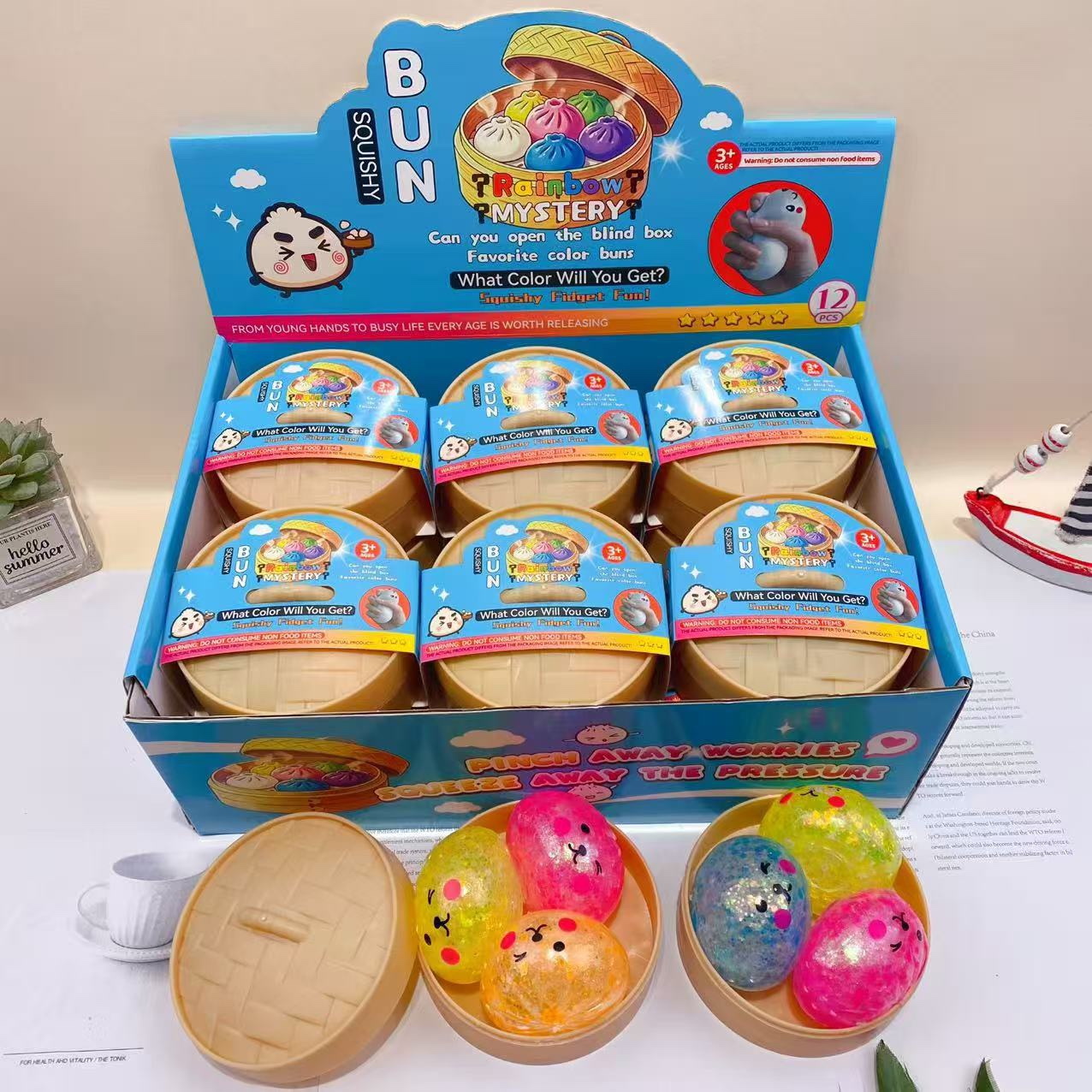 Mystery Bun Squishy Blind Box Set, Steamer Simulation Squeeze Fidget Stress Relief Toy
