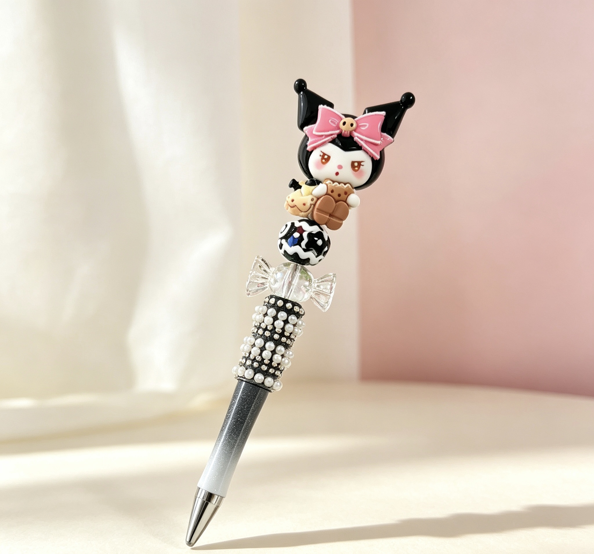Black Kuromi Doll Beaded Ballpoint Pen, Handmade DIY Bead Pen Cute Stationery Gift