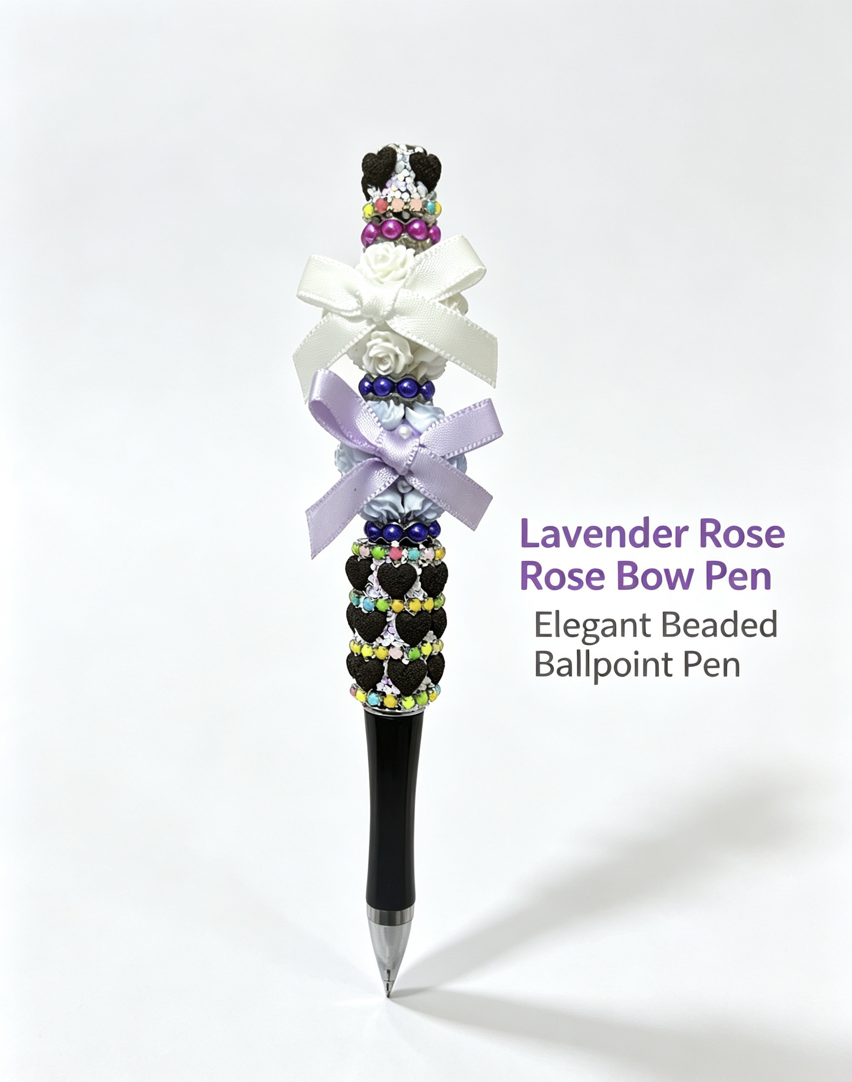 Trendy DIY Beaded Ballpoint Pen, Lavender Rose Bow Pen, Elegant Handmade Decorative Stationery Gift