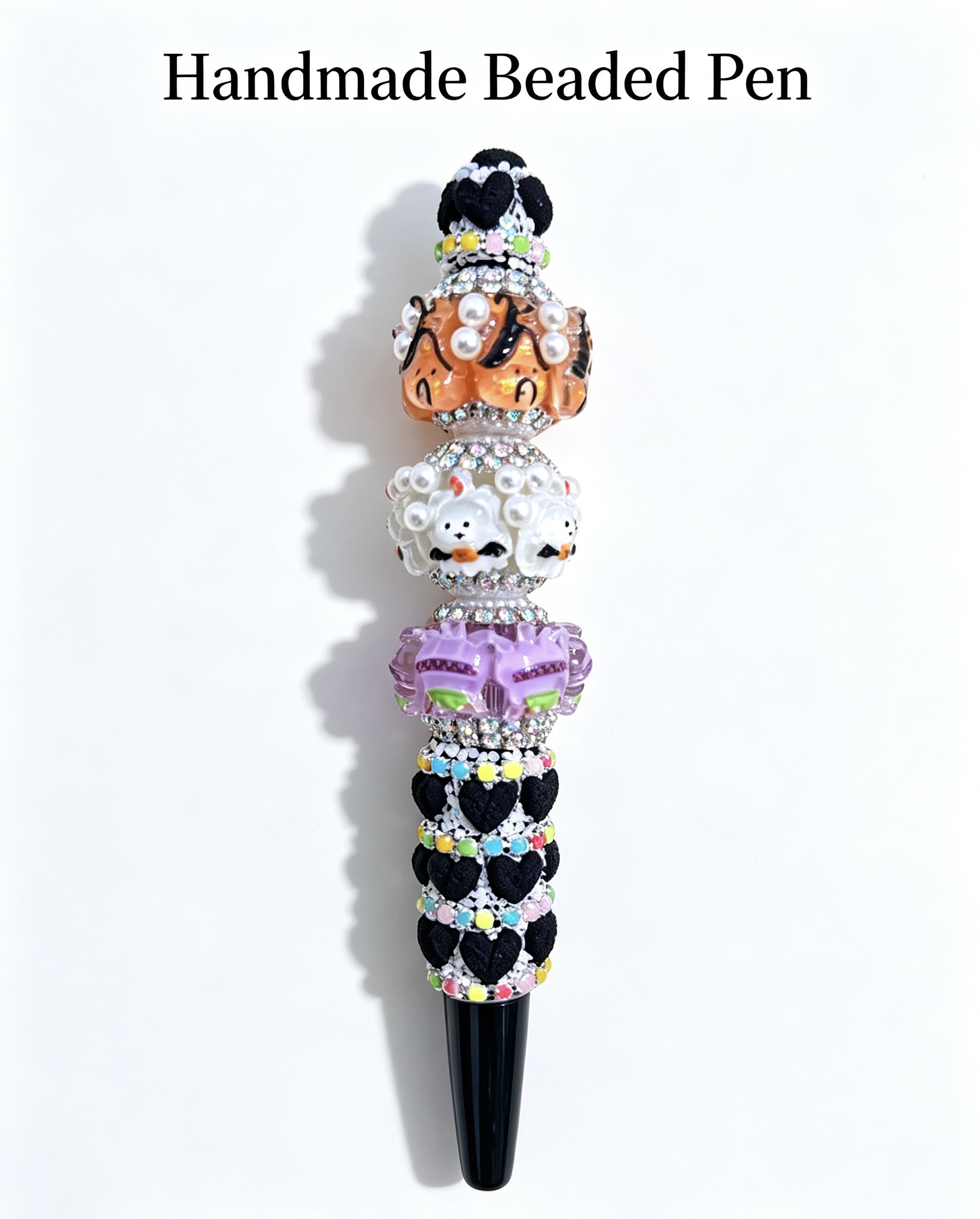 Handmade Cute Cartoon Beaded Pen, Kawaii Animal Charm Decor Ballpoint Pen, Refillable
