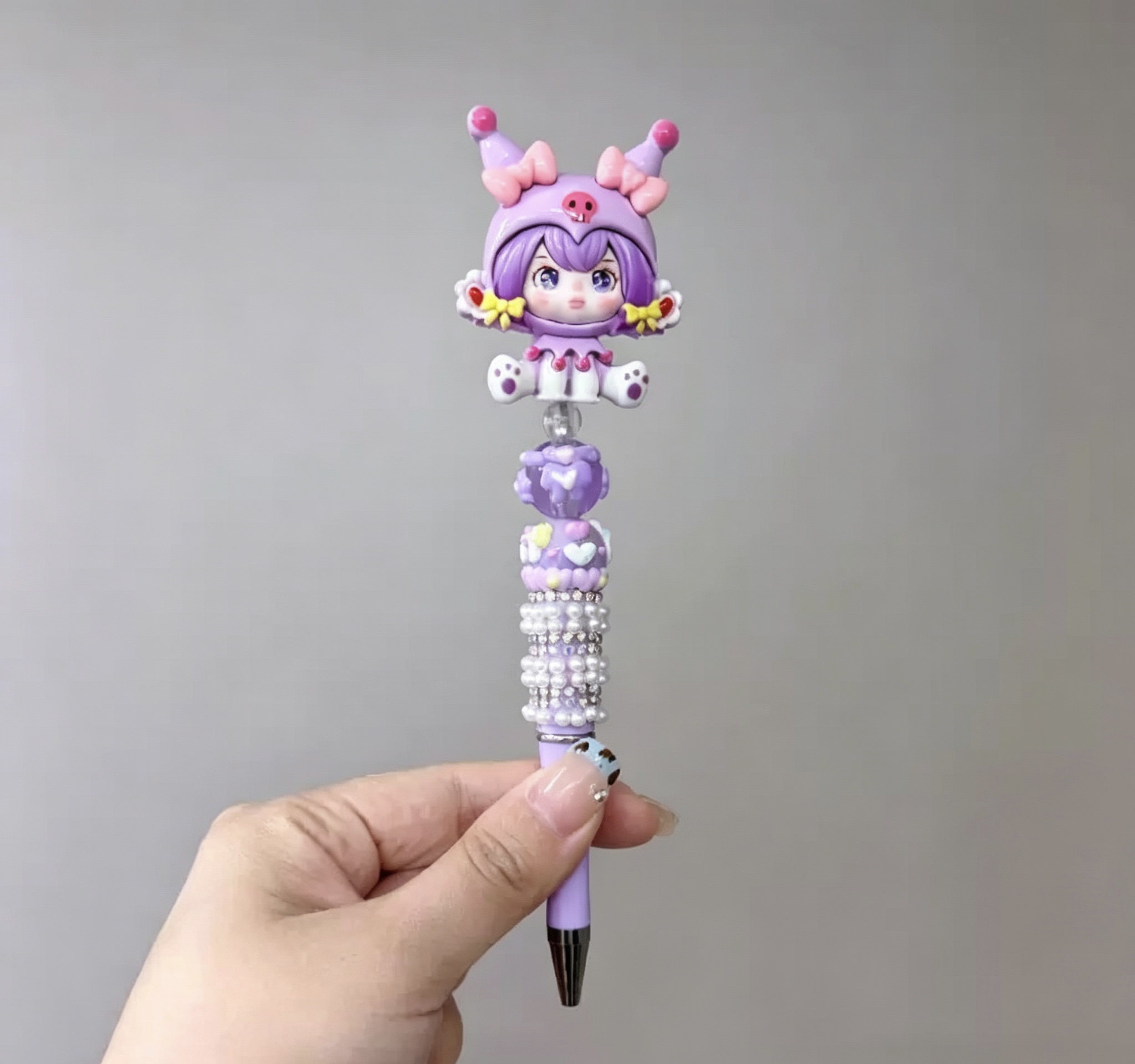 Purple Kuromi Girl Doll Beaded Ballpoint Pen, Handmade DIY Bead Pen Cute Stationery Gift
