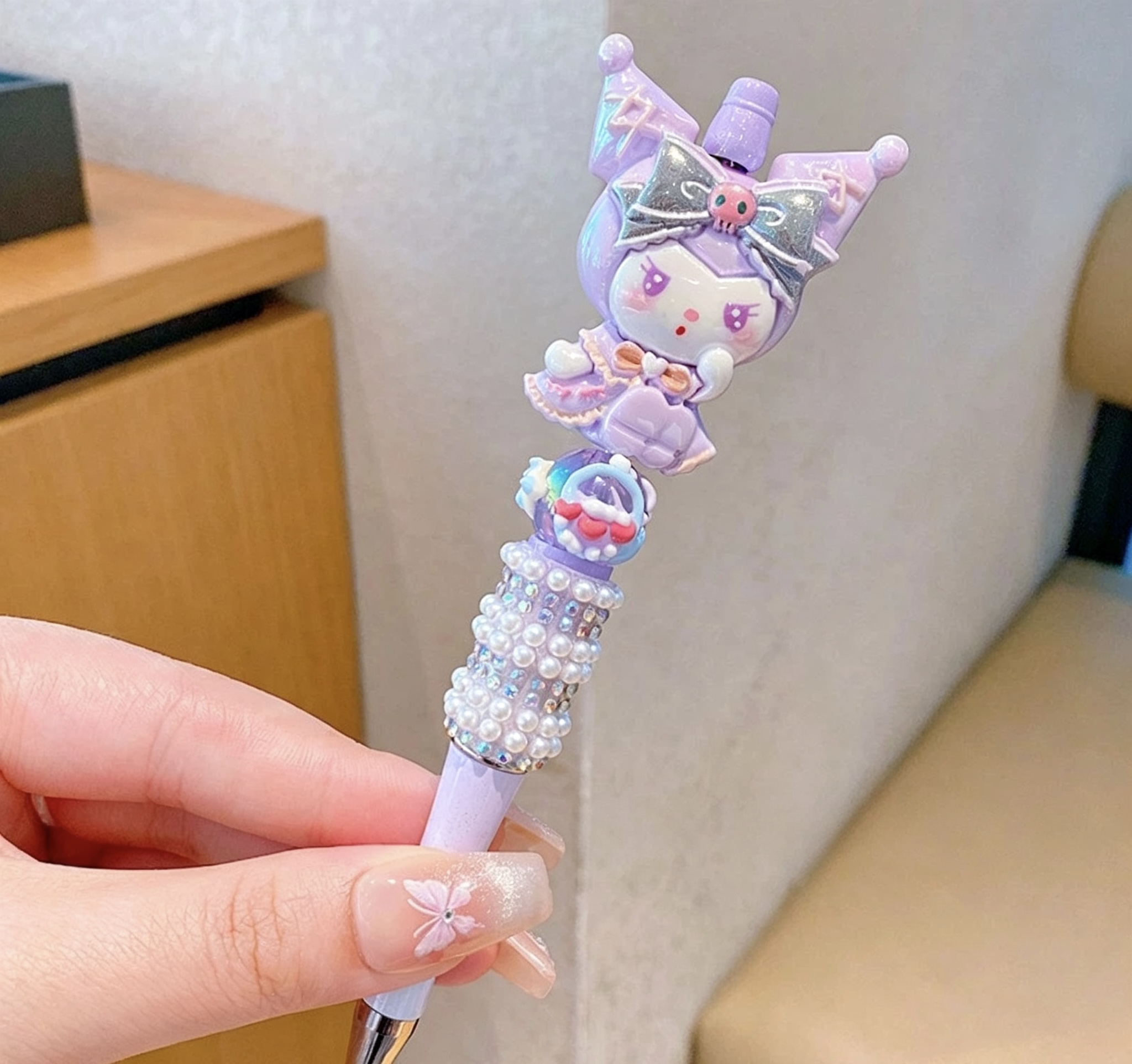 Lavender Kuromi Doll Beaded Ballpoint Pen, Handmade DIY Bead Pen Cute Stationery Gift
