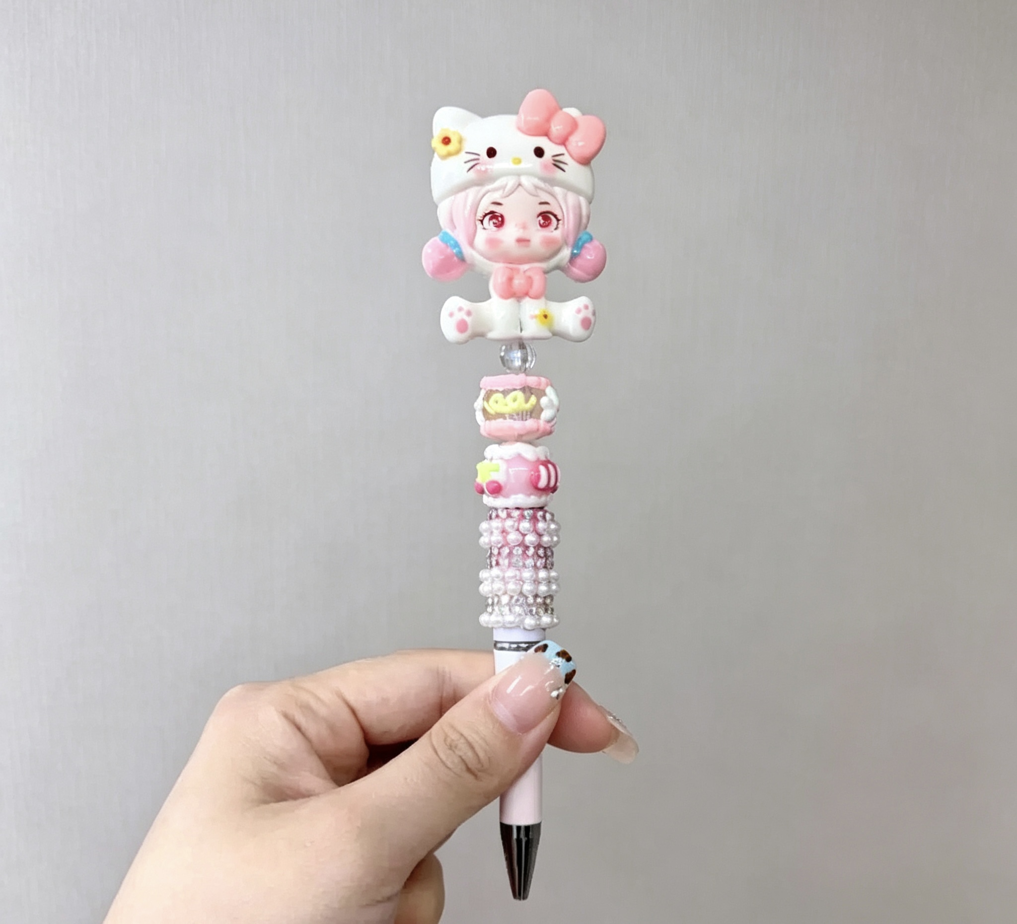 Hello Kitty Hood Girl Doll Beaded Ballpoint Pen, Handmade DIY Bead Pen Cute Stationery Gift

