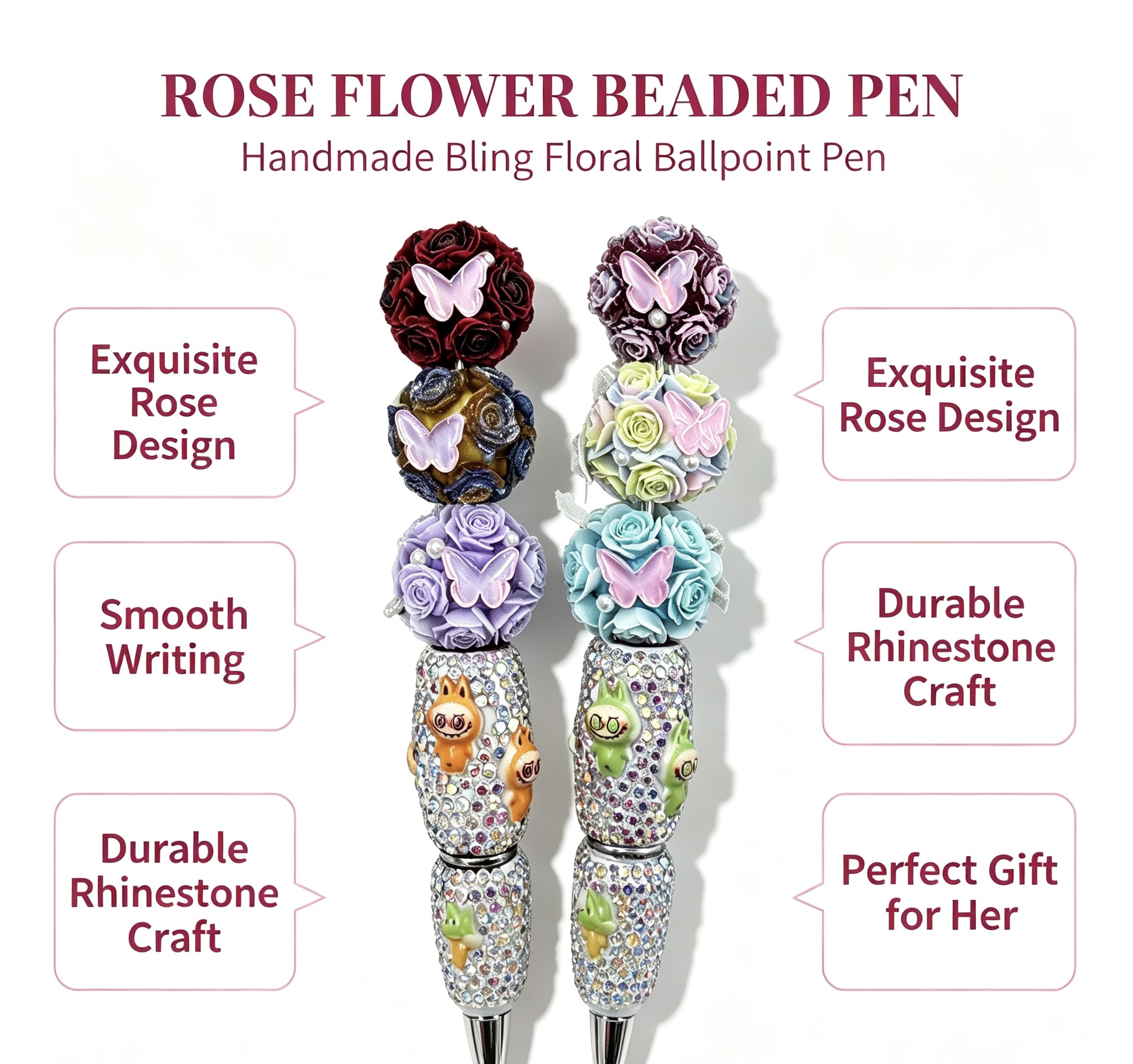 Handmade Rose Flower Beaded Pen, Cartoon Doll Bling Rhinestone Ballpoint Pen, Kawaii Floral Stationery Gift for Girls