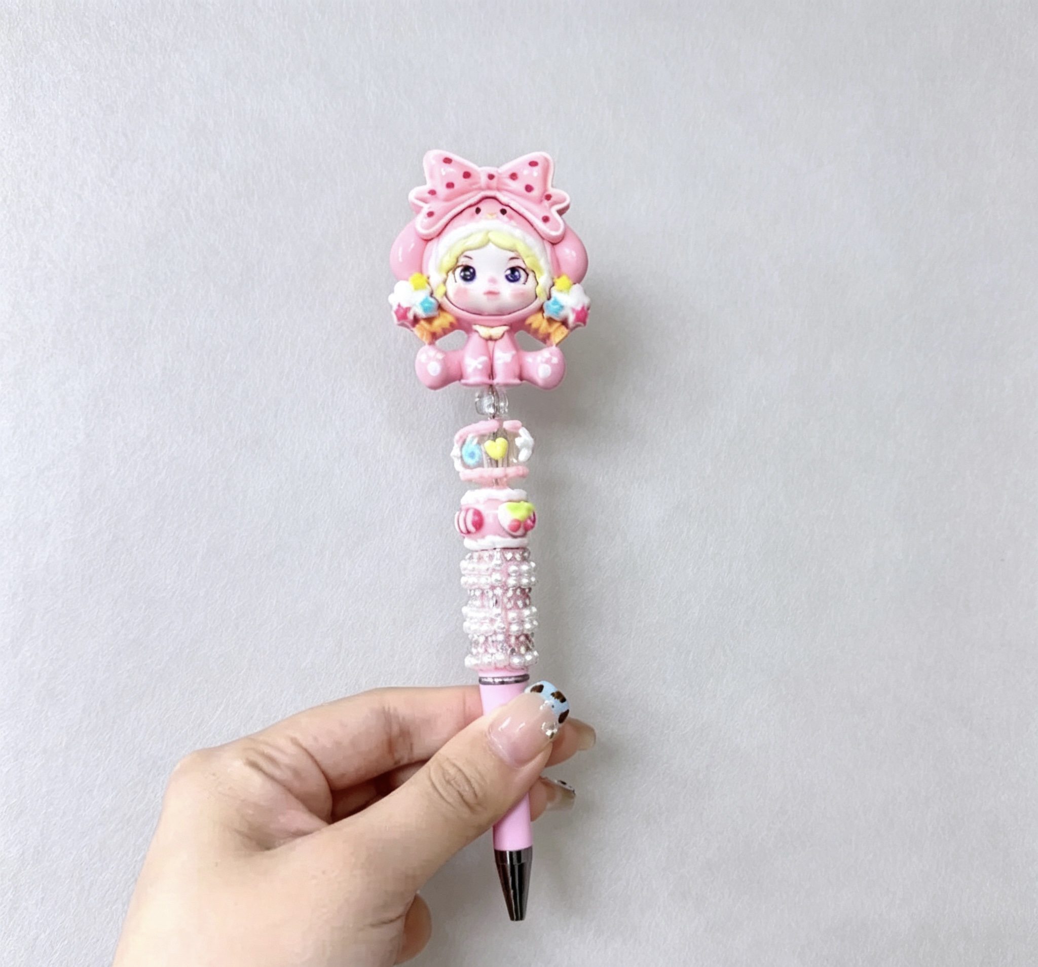 Pink Bow Bunny Girl Doll Beaded Ballpoint Pen, Handmade DIY Bead Pen Cute Stationery Gift
