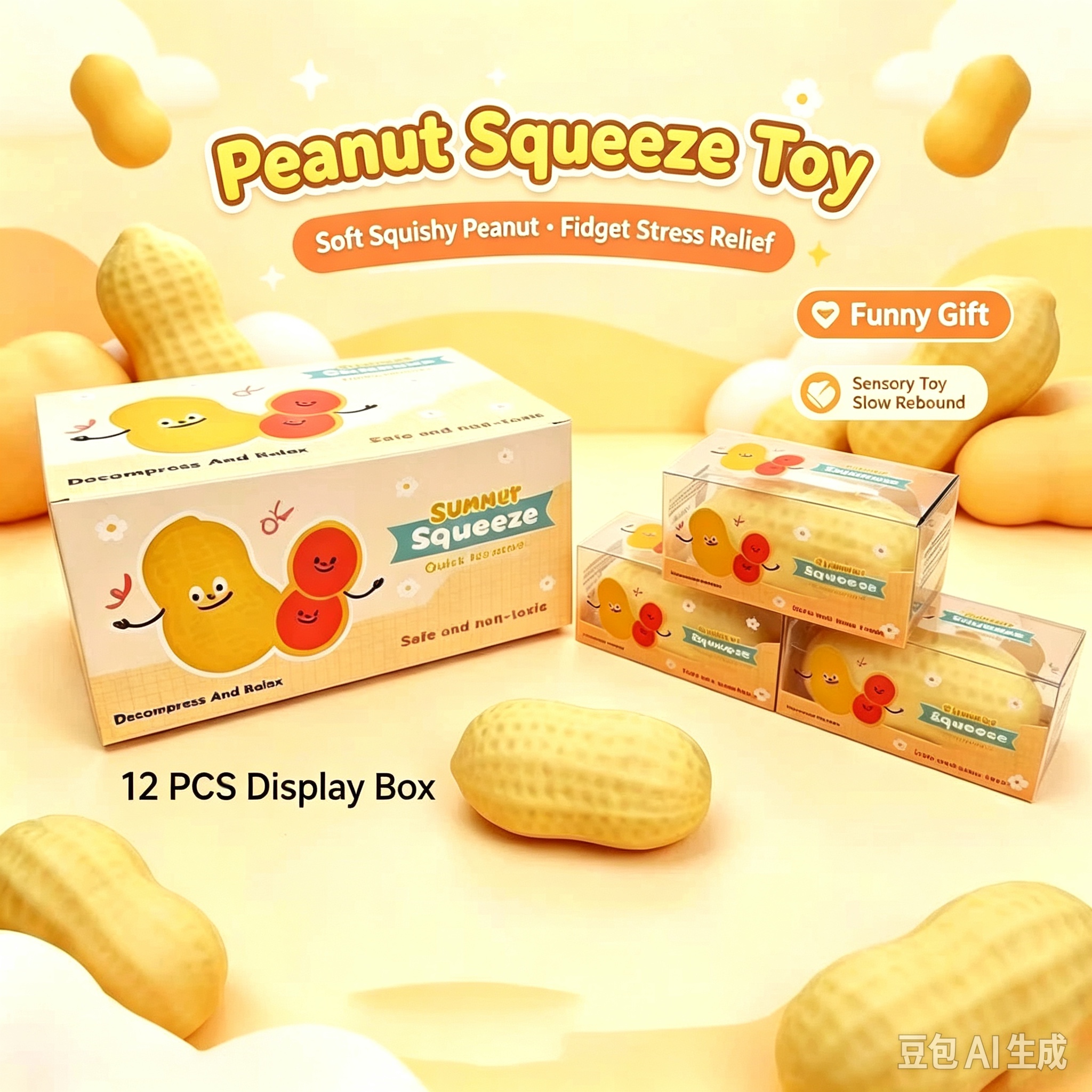 Cute Peanut Squishy Fidget Toy, Soft Squeeze Stress Relief Toy