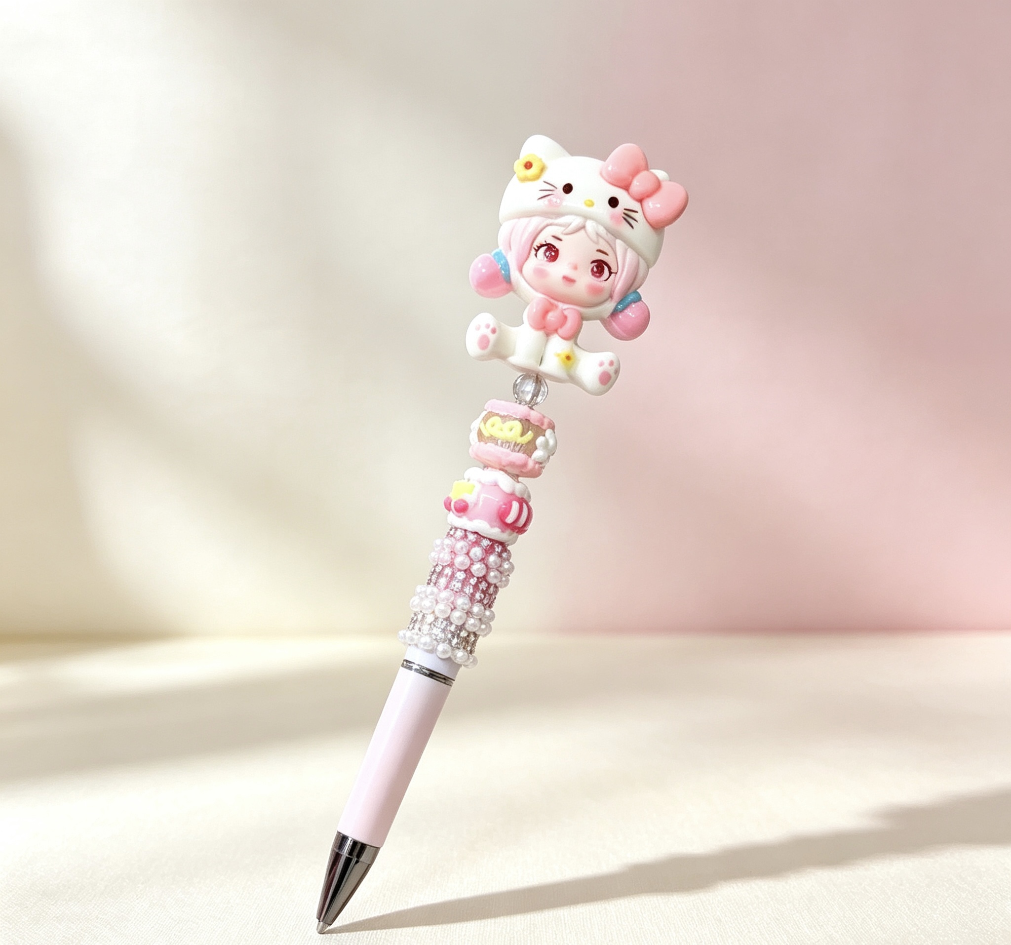 Hello Kitty Hood Girl Doll Beaded Ballpoint Pen, Handmade DIY Bead Pen Cute Stationery Gift

