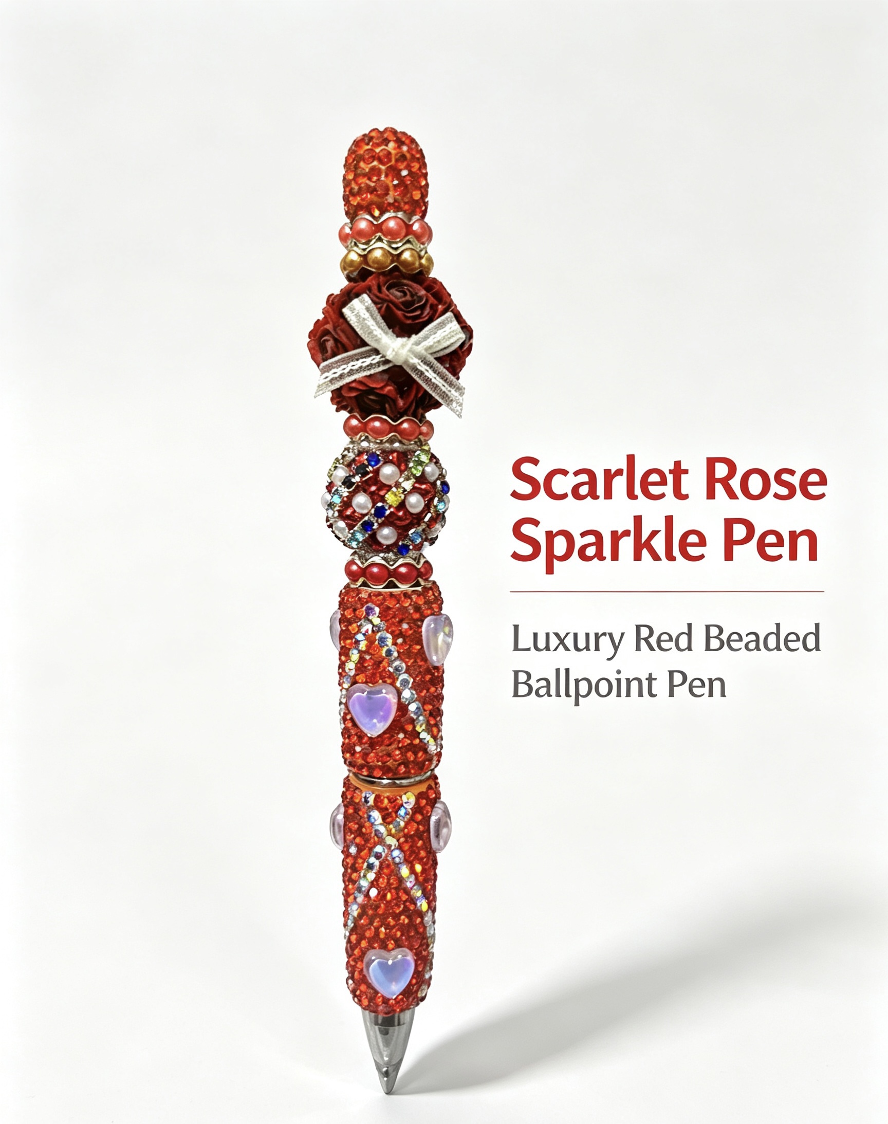 Trendy DIY Beaded Ballpoint Pen, Scarlet Rose Sparkle Pen, Luxury Handmade Decorative Stationery Gift