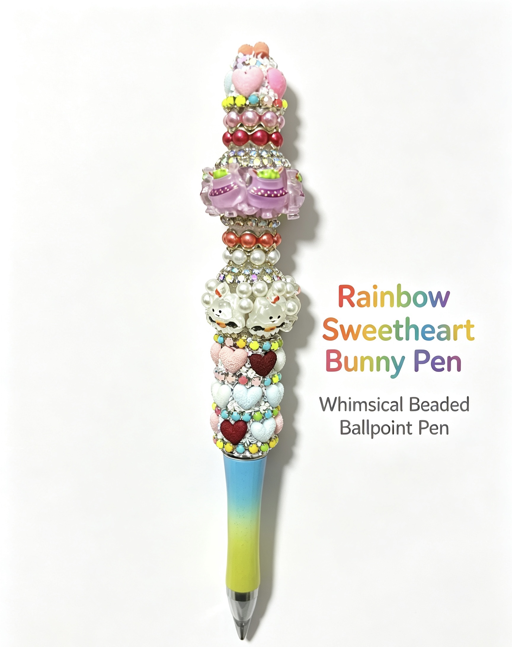 Trendy DIY Beaded Ballpoint Pen, Rainbow Sweetheart Bunny Pen, Whimsical Handmade Decorative Stationery Gift