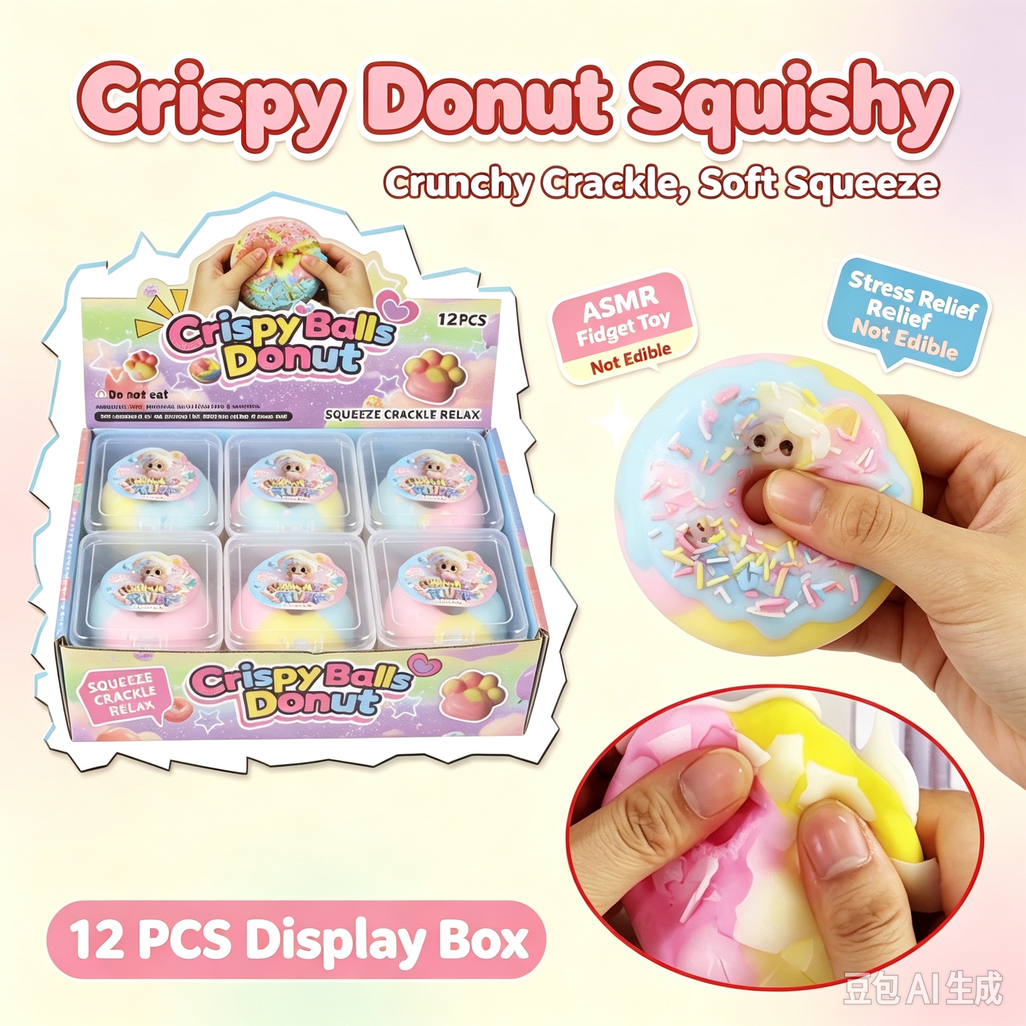 Crunchy Crispy Donut Squishy, ASMR Soft Squeeze Stress Relief Toy